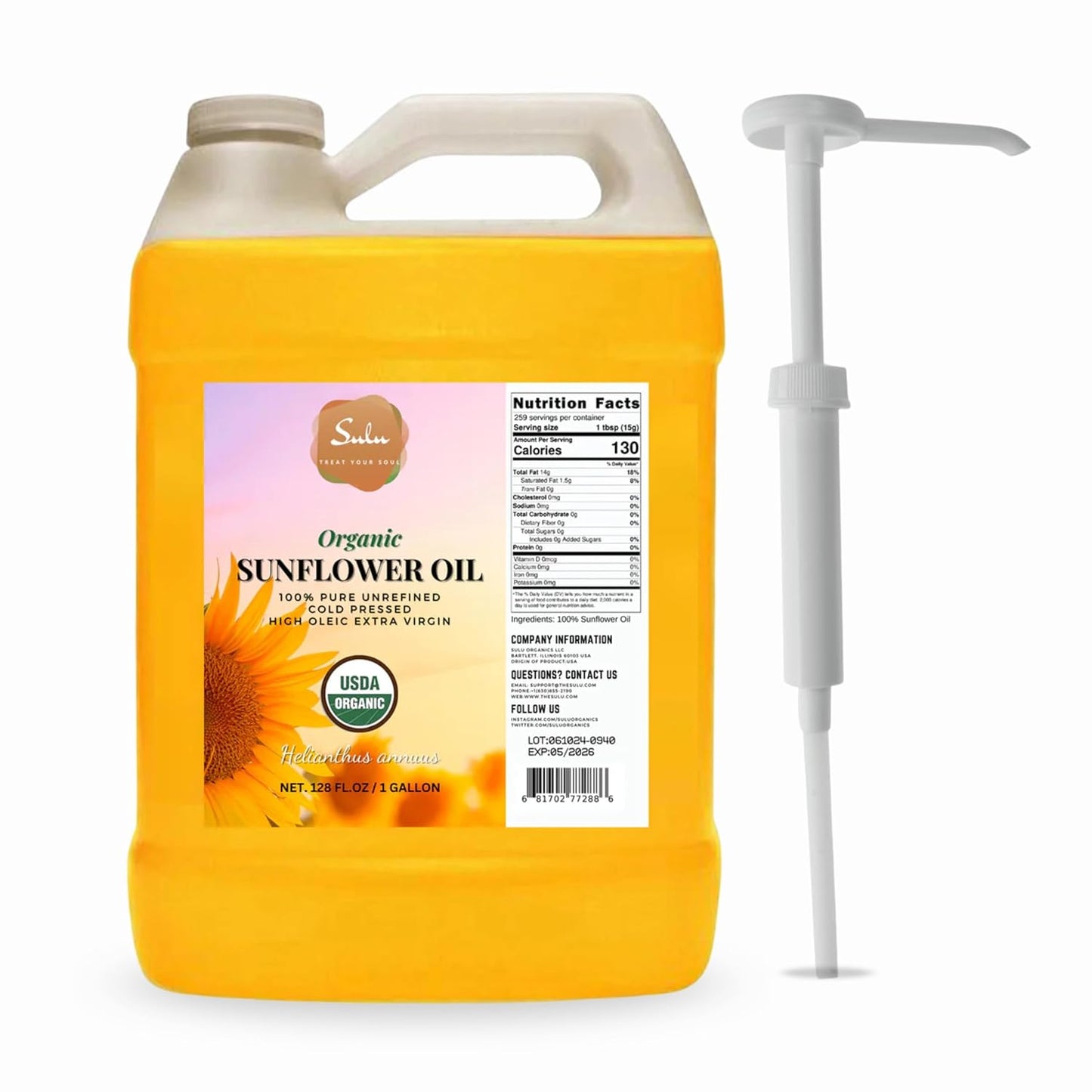 100% Pure Certified Organic Extra Virgin High Oleic Sunflower Oil- 1 Gallon/128 fluid ounces