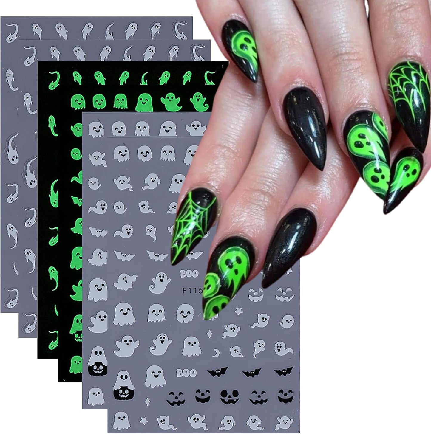 Halloween Nail Art Stickers Decals 3D Self-Adhesive Cute Luminous Ghost Nail Stickers 6 Sheets Glow in The Dark Ghost Bat Nail Decals Supplies Halloween Stickers for Women DIY Manicure Decorations