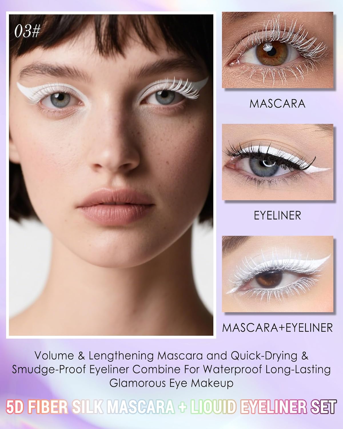 White Mascara Liquid Eyeliner Set, Update Longlasting Waterproof Color Eye Liner Pen, 5D Silk Fiber Colored Mascara Volume and Length, Halloween Party Stage Use Eye Makeup Gift Kit for Women Girl-03