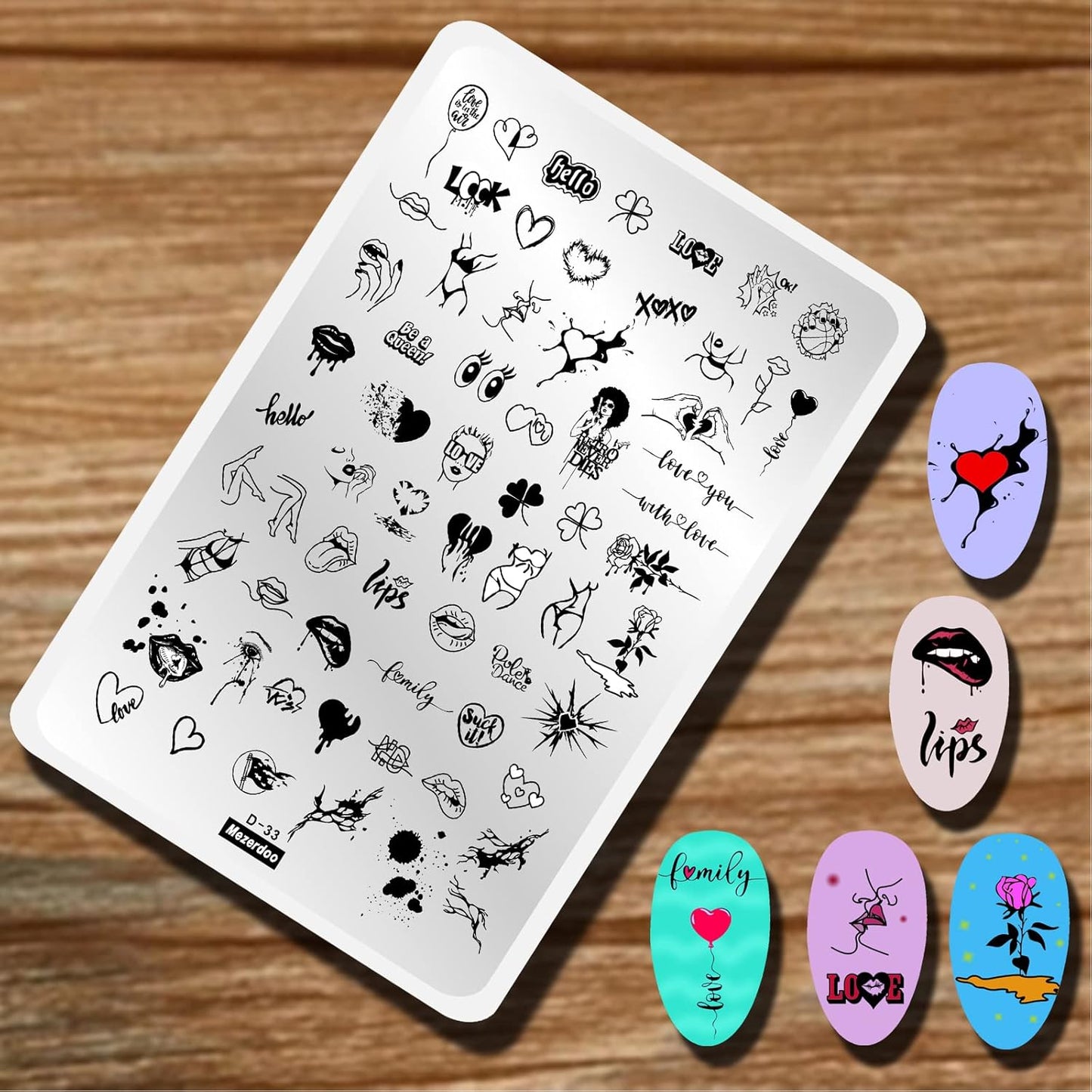 Lips Heart Nail Stamping Plate Kits 2pcs Love Flower Word Design Large Nail Stamp Plate Templates Animal Letter Line Image Stamper Stencils Dog Cat Ghost Halloween Art Stamping Plates Tools
