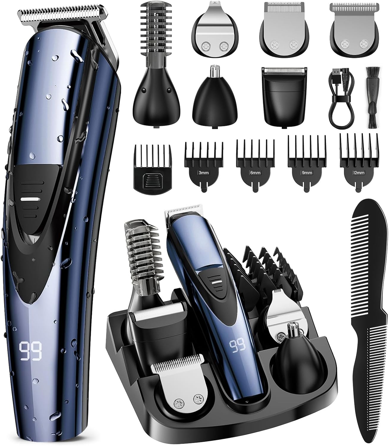 Electric Beard Trimmer for Men: 16-in-1 Professional Barber Hair Clippers - Cordless Grooming Kit - Turbo Speed & Precision Blades, Blue