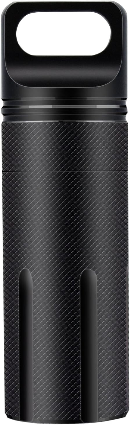 SHD Outdoor EDC Pill Box Container,Black Aluminum Alloy Single Chamber Capsule Waterproof Pill Holder Case for Hiking Camping