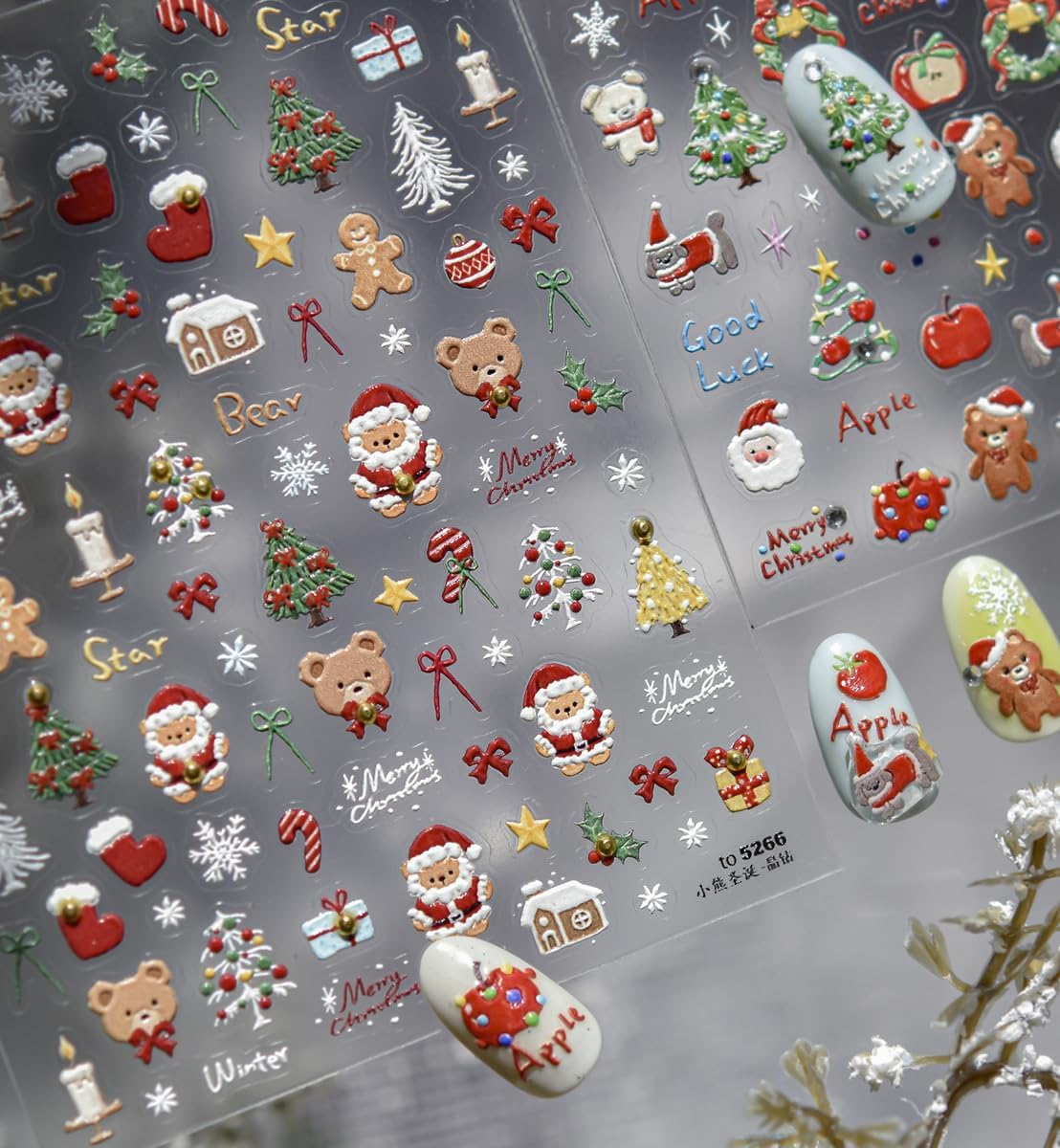 Christmas Nail Art Stickers 5D Embossed Xmas Cute Bear Nail Stickers Christmas Sock Xmas Gift Xmas Tree Bowknot Gingerbread Man Nail Decals for Women Winter Holiday Manicure DIY Nail Supplies 1 Sheet