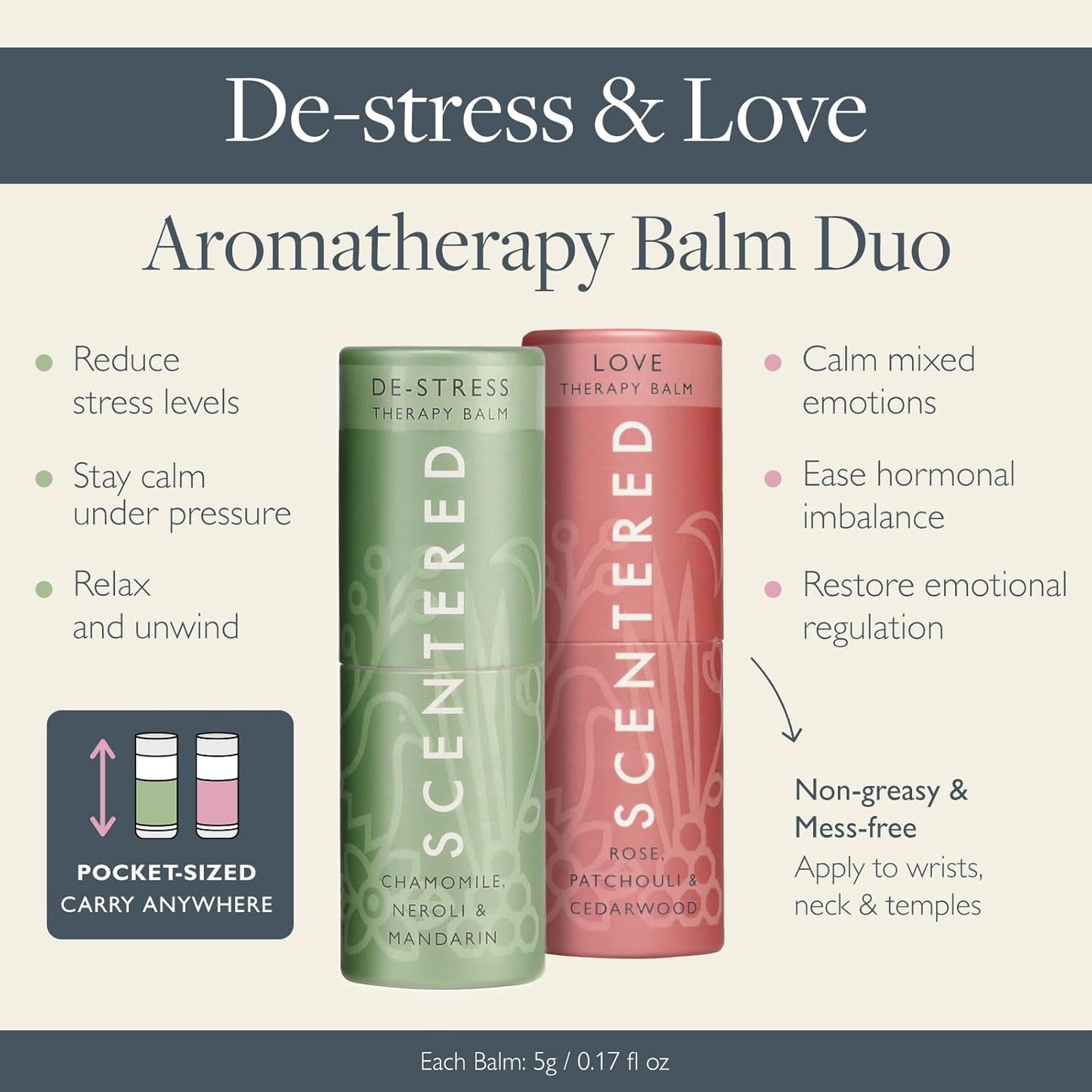 Scentered Aromatherapy Balm Stick Duo for Stress-Relief & Emotional Balance - Roll On Essential Oil Blends of Rose & Chamomile - Aromatherapy Gifts for Women - De-Stress & Love