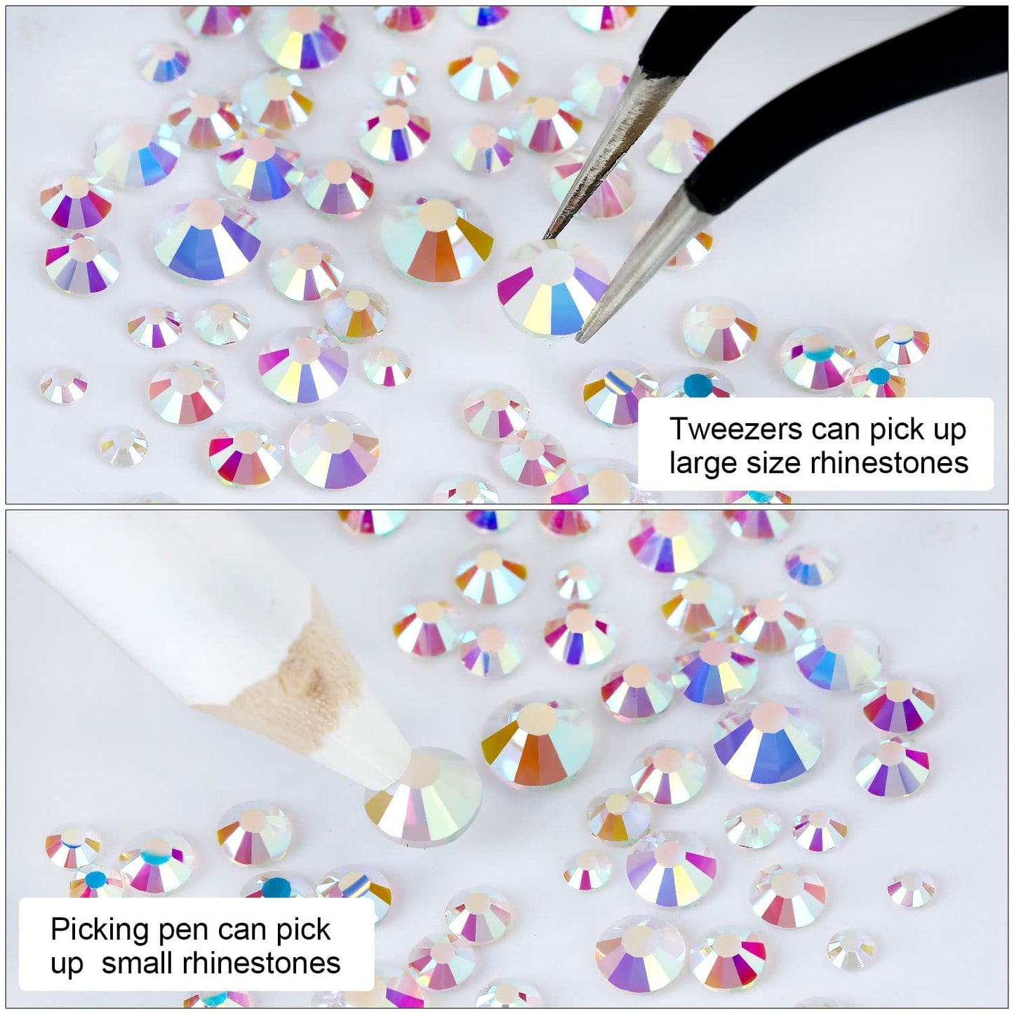 4240Pcs Transparent Ab Flatback Rhinestones 6 Sizes Crystal Diamonds for Nail Art Crafts Clothes Shoes with Tweezers and Picking Pen