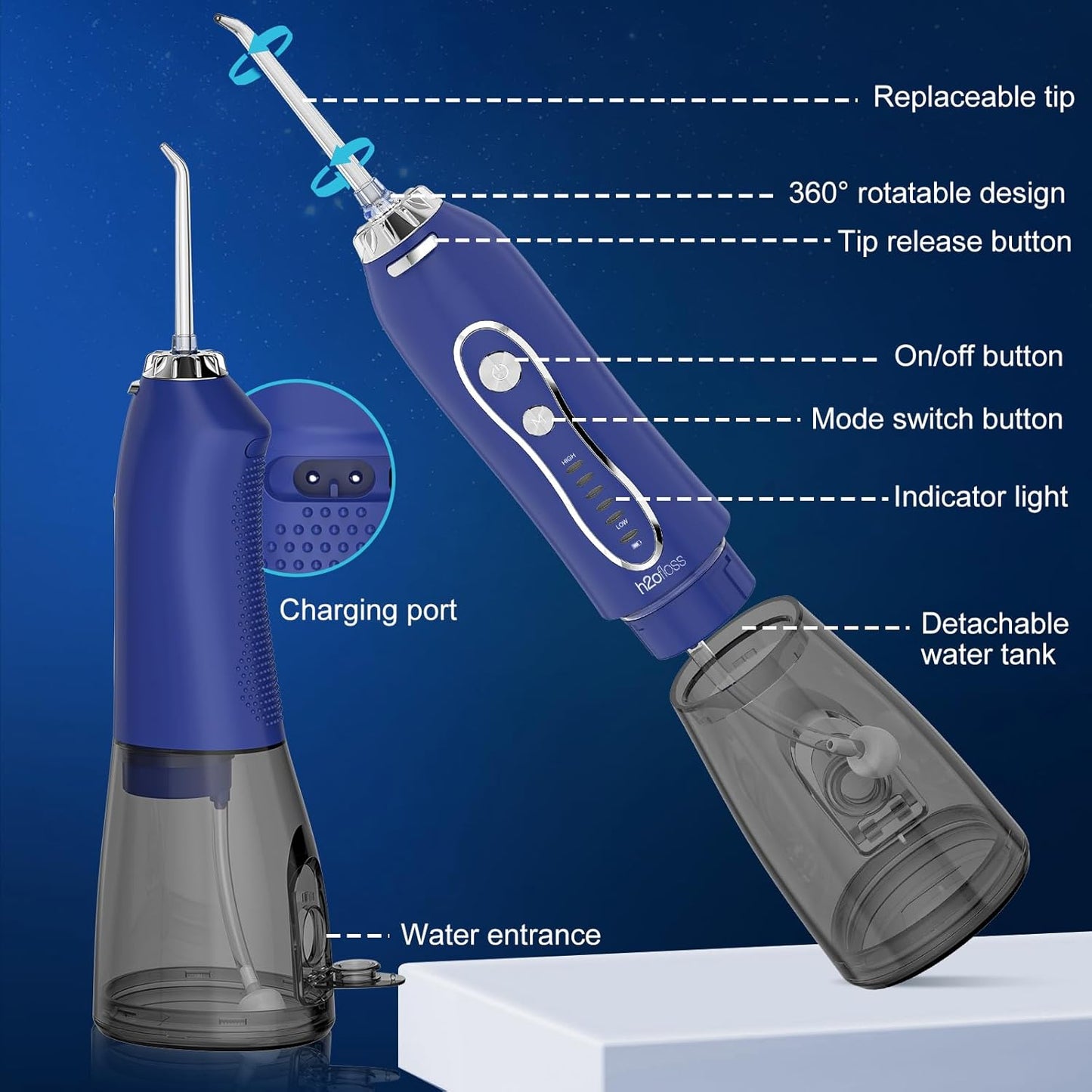 H2ofloss Water Dental Flosser Pick for Teeth: 5 Modes Cordless Portable 300ML Larger Tank Water Teeth Cleaner IPX7 Waterproof Flossing Cleaning Picks for Home Travel Dark Blue