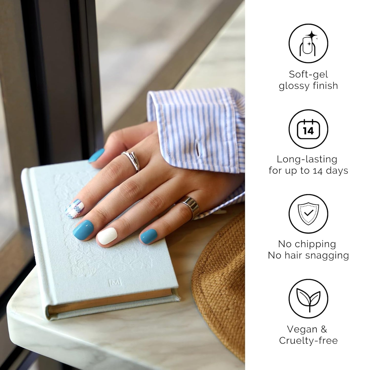 Semi Cured Gel Nail Strips - NAILOG 34 Pcs Gel Nail Stickers Buy 2 Get 1 UV Light | Long Lasting Nail Wraps with Glossy Gel Finish Blue, Azure Mosaic