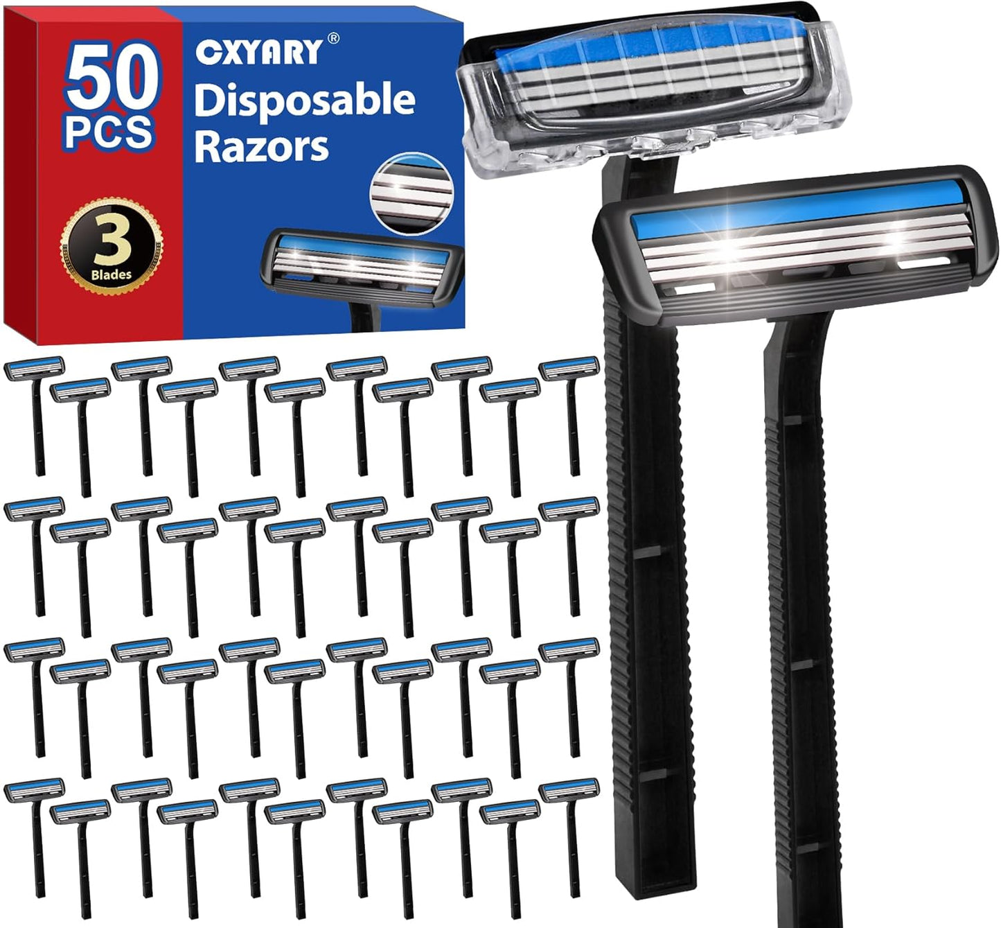 CXYARY 50 Pcs 3 Blade Disposable Razors With Clear Safety Cap, Shaving Razors Bulk for Men &Women, Stainless Steel Blade, Multipurpose Portable Shave Razor for Bathing Hotel Travel, Black