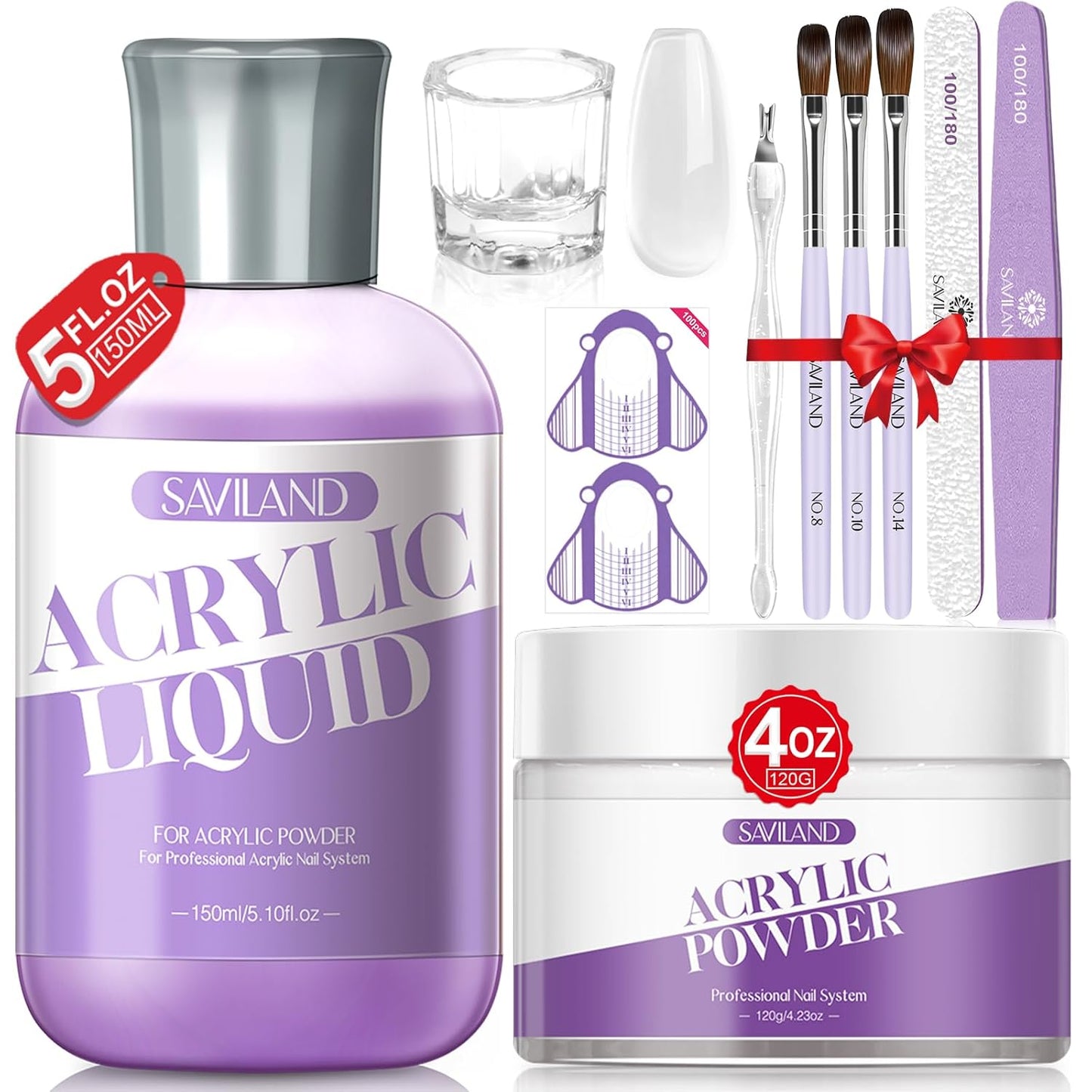 SAVILAND Acrylic Nail Starter Kit: 4oz Clear Acrylic Powder and 5oz Liquid Monomer Set with 100 Nail Forms Brushes for Manicure Extension 3D Carving Nail Set Kit for Beginners with Everything Home DIY