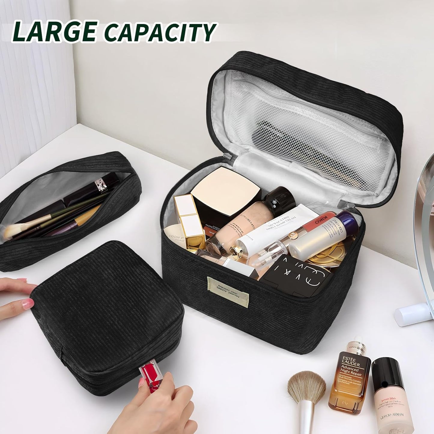 4 Pcs Makeup Bag for Women Corduroy Cosmetic Bag Aesthetic Cute Bags Multi Size Purse Pouch Travel Toiletry Bag Set Makeup Organizer with Zipper (BlackCorduroy)