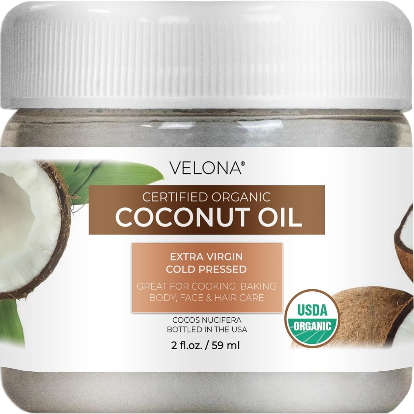 velona USDA Certified Organic Coconut Oil Extra Virgin - 2 fl oz | Food and Cosmetic Grade | in jar | Extra Virgin, Cold Pressed