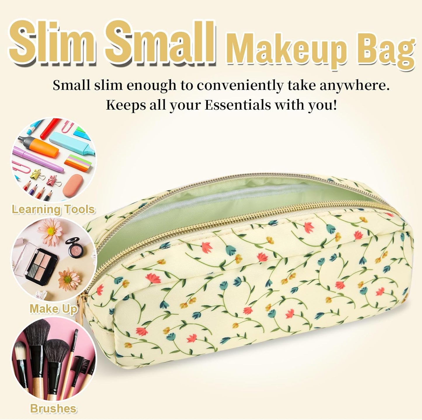 Nylon Small Floral Makeup Bag Slim Pouch, Preppy Cute Makeup Brush Case Bag Flower Cosmetic Zipper Pouch for Purse, Waterproof Travel Toiletry Bag Make Up Organizer for Women Girl(Light Yellow-Flower)