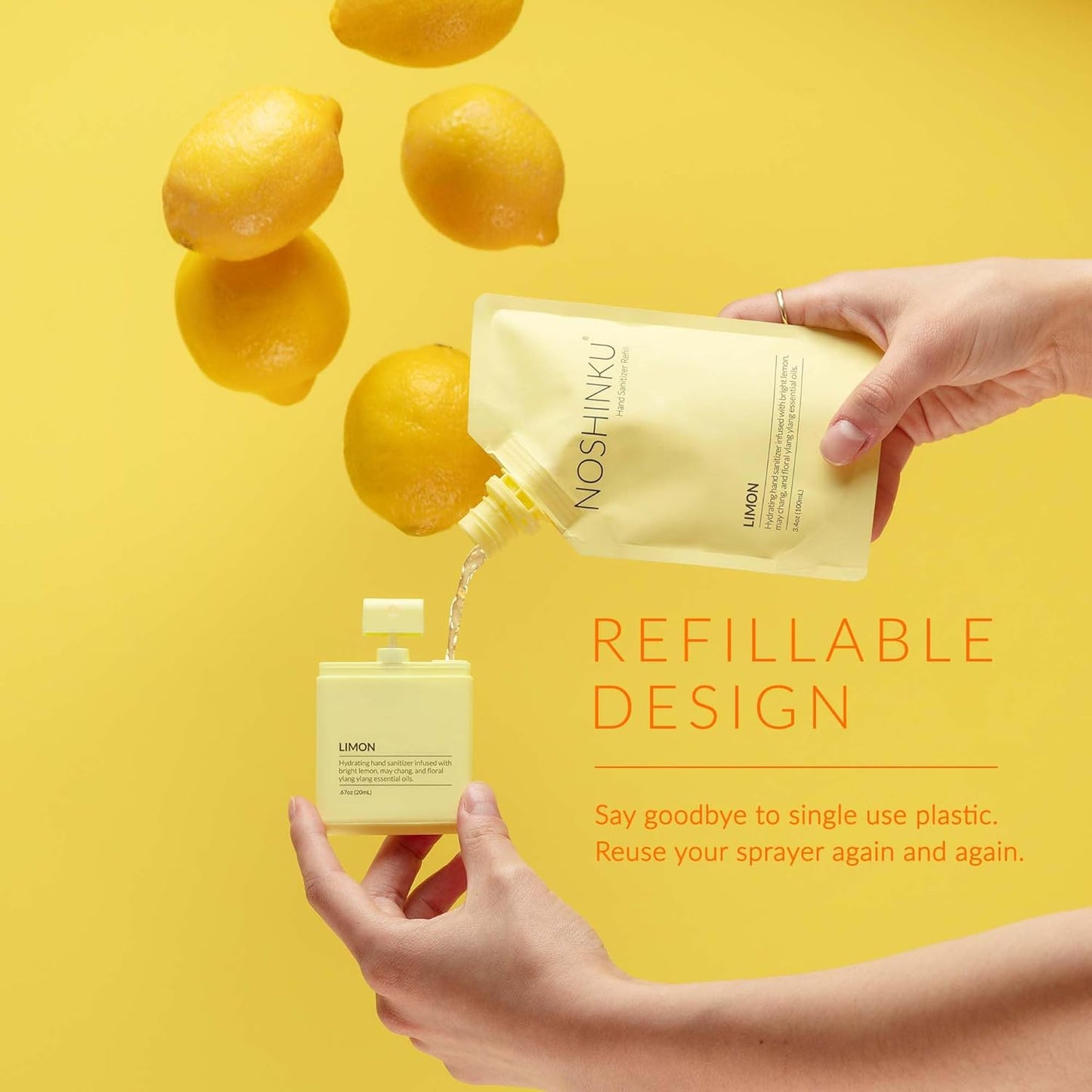 Noshinku - Refillable Hand Sanitizer Limon 3-Pack, Travel Size Spray with Hydrating Botanical Oils, Natural Ingredients, All Natural Fragrances, Sugarcane Derived Alcohol, No Parabens, No Dyes