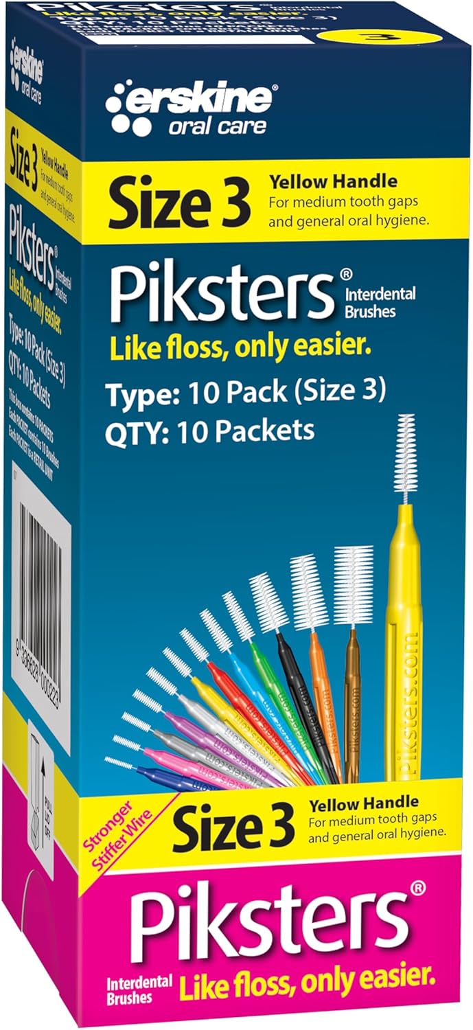 Piksters Interdental Brushes, Size 3, 100 Count (10 x 10 Packs), Interdental Tooth Brush for Medium Gaps, Gum Soft Bristles for Plaque Removal, Safe for Braces (100 pk)