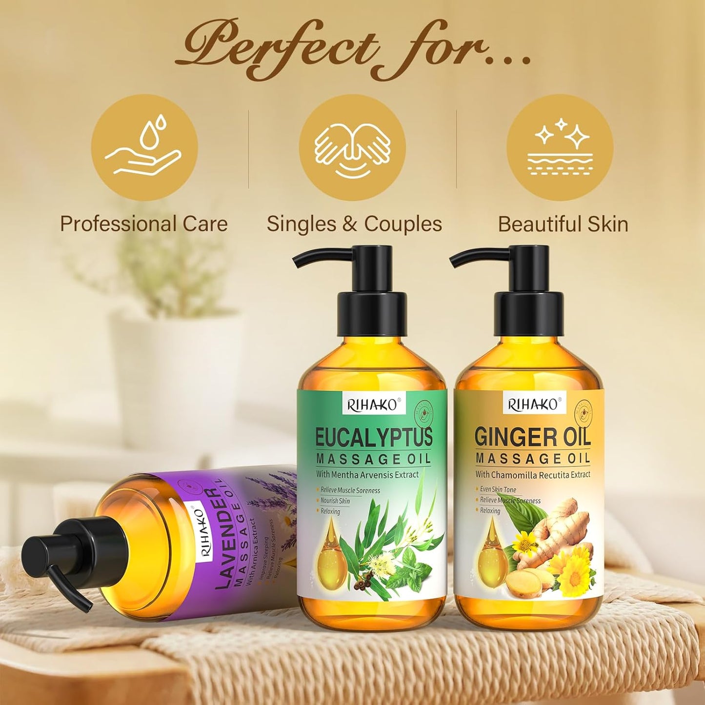 3 Pack Massage Oil for Massage Therapy,Ginger for Lymphatic Drainage, Lavender for Relaxation, Eucalyptus Mint for Muscle Relief | Massage Therapy & Date Night Spa Gift with Massage Ball for Him & Her