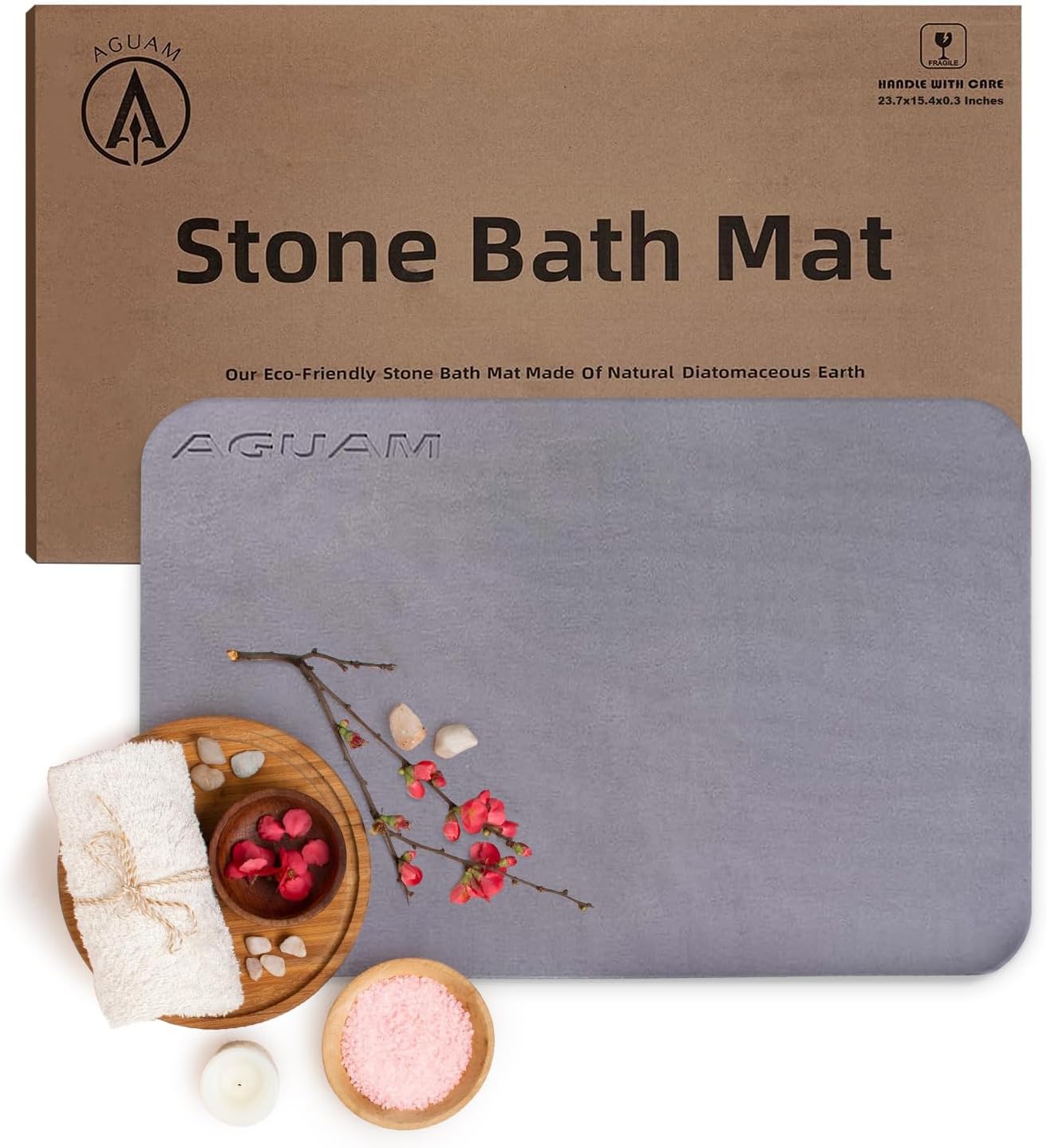 23" x 15" Diatomaceous Earth Shower Non Slip Stone Bath Mat | Quick Dry Super Absorbent Large Mats for Kitchen | Anti-Slip Fast Drying Water Absorbing Stone Bath Mats for Bathroom | Solid Gray