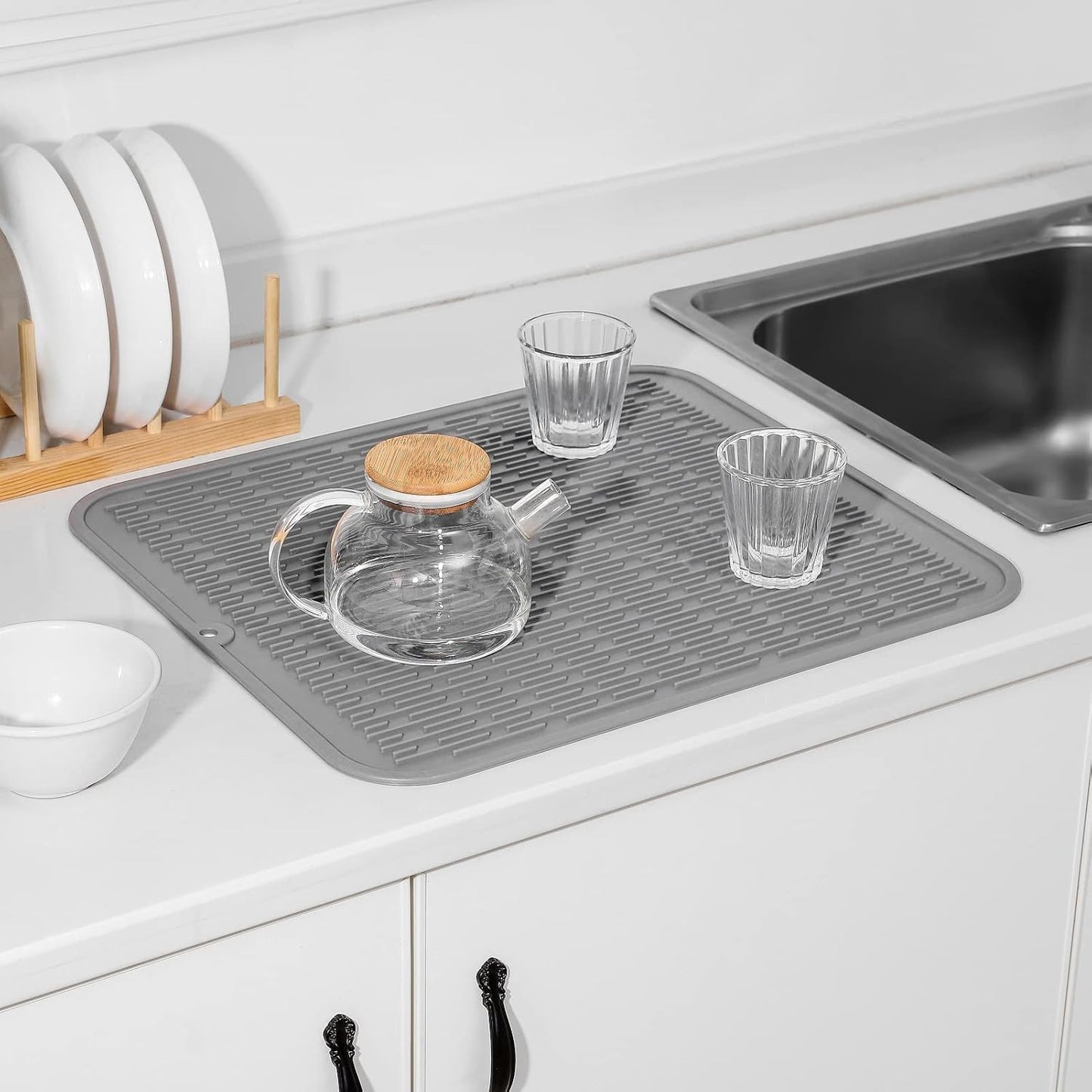 Silicone Dish Drying Mat for Multiple Usage,Easy clean,Eco-friendly,Heat-resistant Silicone Mat for Kitchen Counter or Sink,Refrigerator or Drawer Liner Grey 2XL 24 inches x 18 inches