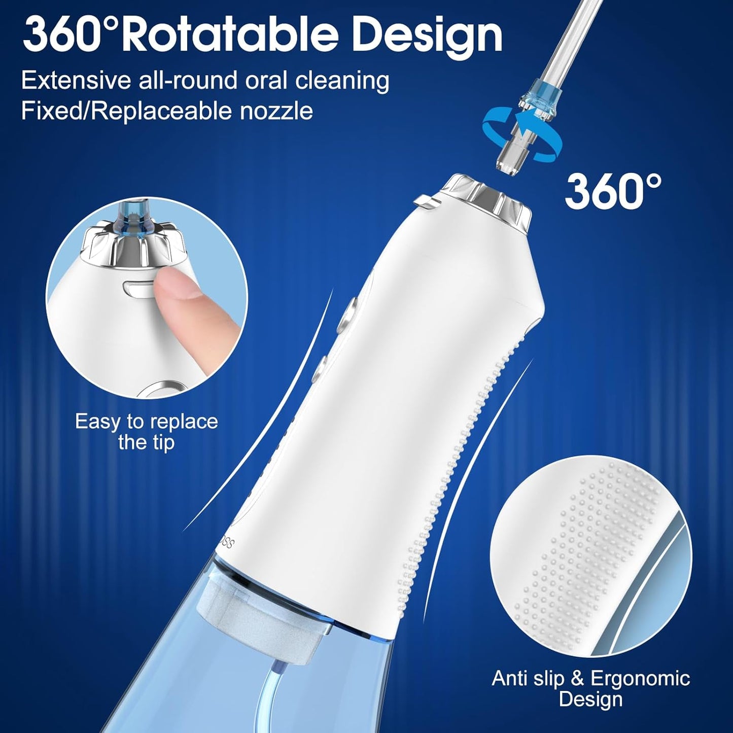 H2ofloss Water Dental Flosser Portable Dental Oral Irrigator with 5 Modes, 6 Replaceable Jet Tips, Rechargeable IPX7 Waterproof Teeth Cleaner for Home and Travel -300ml Detachable Reservoir (HF-6)