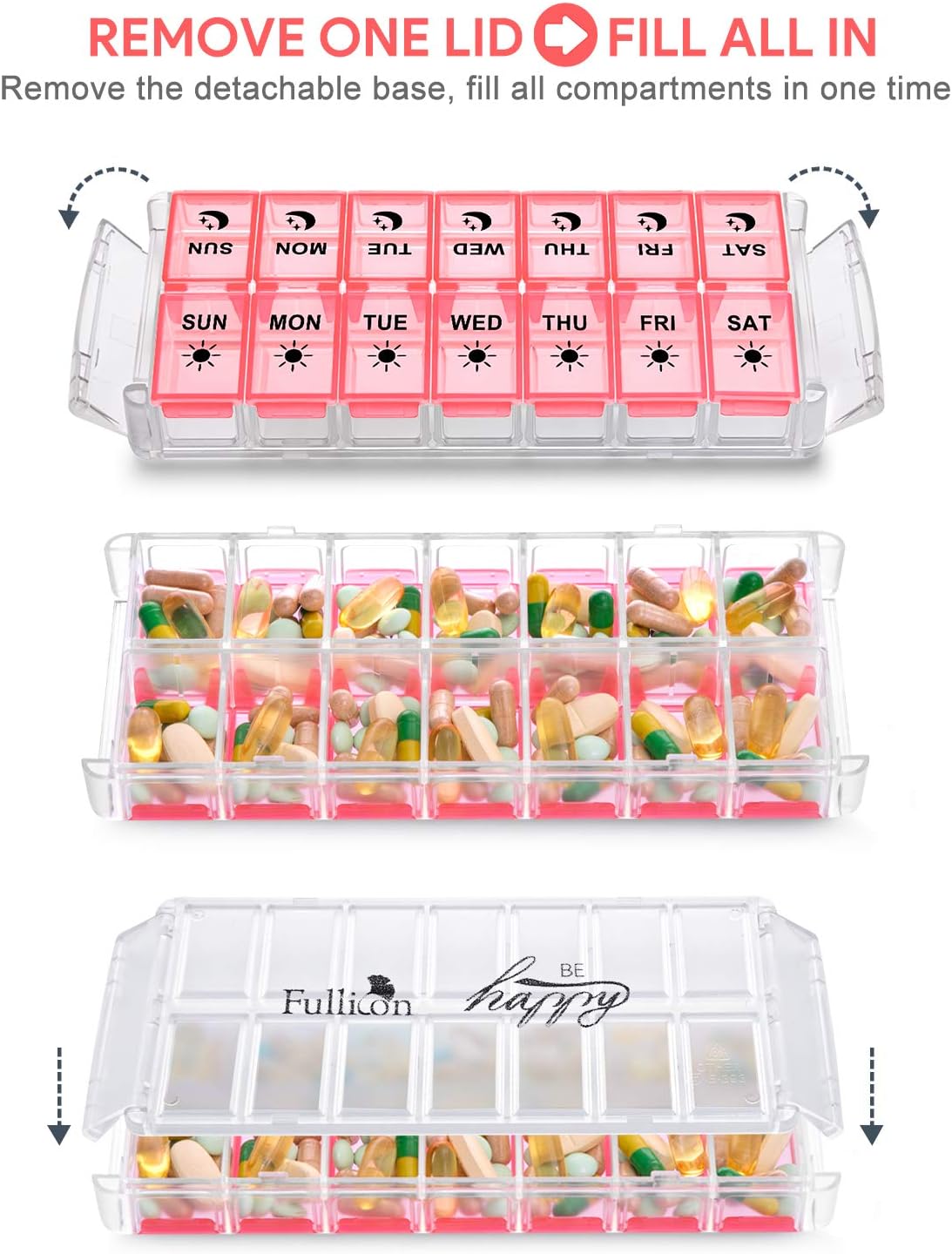 Weekly Pill Organizer 7 Day 2 Times a Day Extra Large, Quick Fill 2022 Fullicon AM PM XL Daily Pill Cases Pill Box with Detachable Base - Pink (Patent Registered)