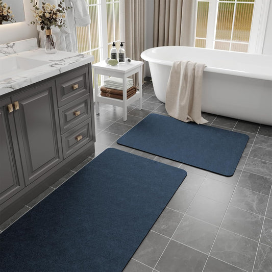 Bathroom Rugs Sets 2 Piece - Quick Dry Super Absorbent Bath Mats for Bathroom Diatomaceous Earth Bath Rugs with Rubber Backing Non-Slip Bath Mat Rug for Shower Floor, 47x17 + 24x17, Navy Blue