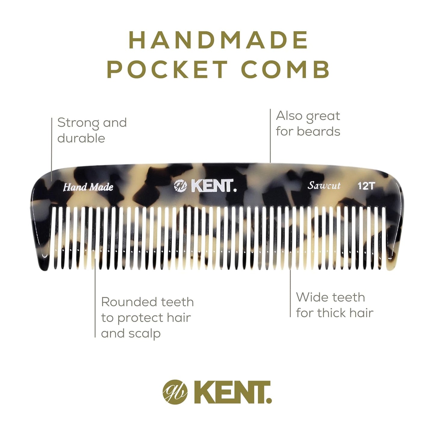 Kent 12T TW Wide Tooth Detangling Comb - Handmade Pocket Comb for Thick, Curly, and Wavy Hair Grooming - Large Tooth Detangler for Hair, Beard, and Mustache