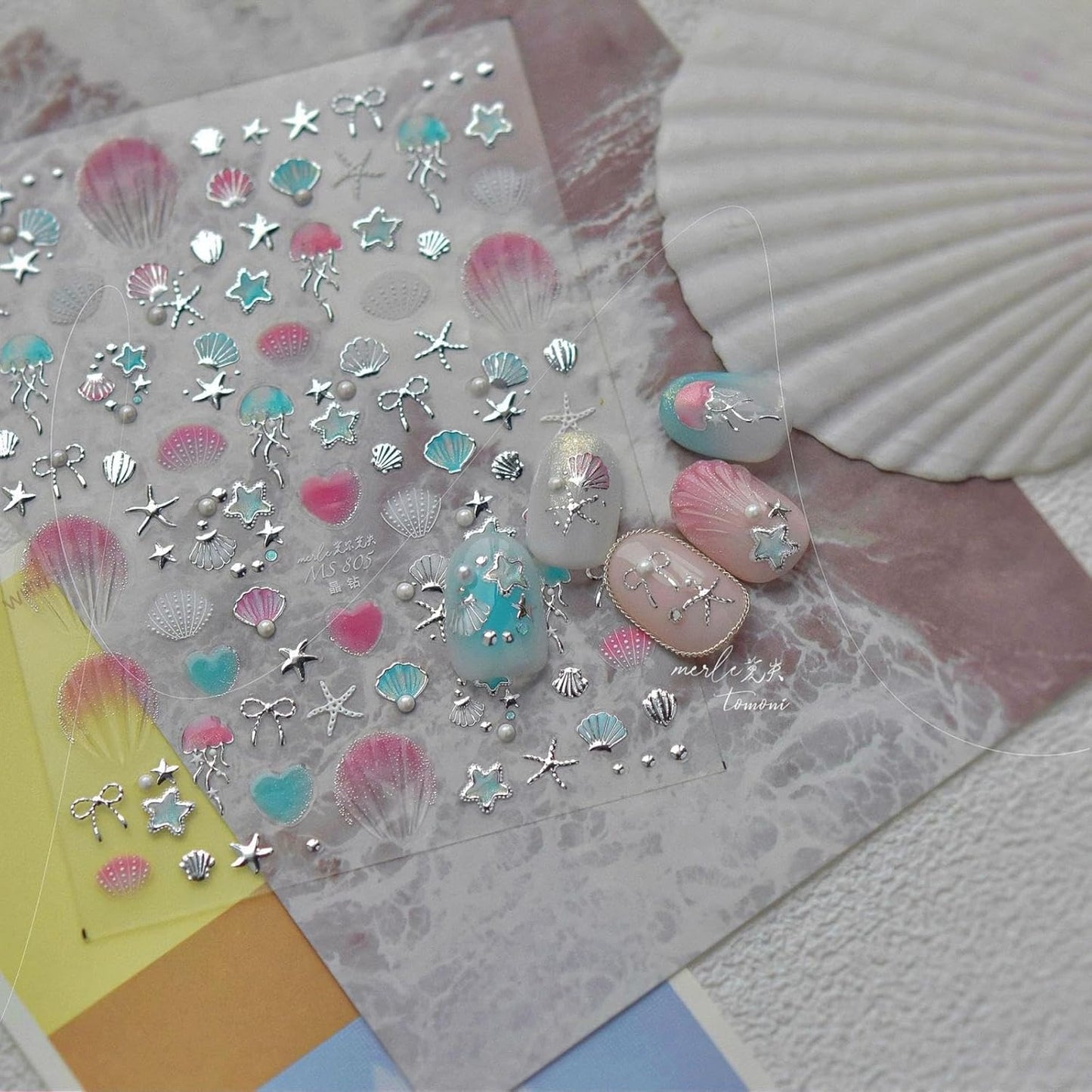 Laser Pearl Seashell Nail Stickers 5D Embossed Silver Gold Ocean Nail Decals 3D Self-Adhesive Starfish Nails Supplies Jellyfish Nails Designs Summer Nail Art Decoration for Women DIY Manicure 2 Sheets