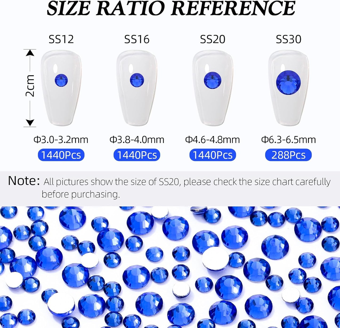 Sapphire Flatback Rhinestones, Glass Rhinestones for Nail Art and Craft, Glue Fix, Loose Crystal Gemstones(Blue, SS20, 1440pcs, 4.6-4.8mm)