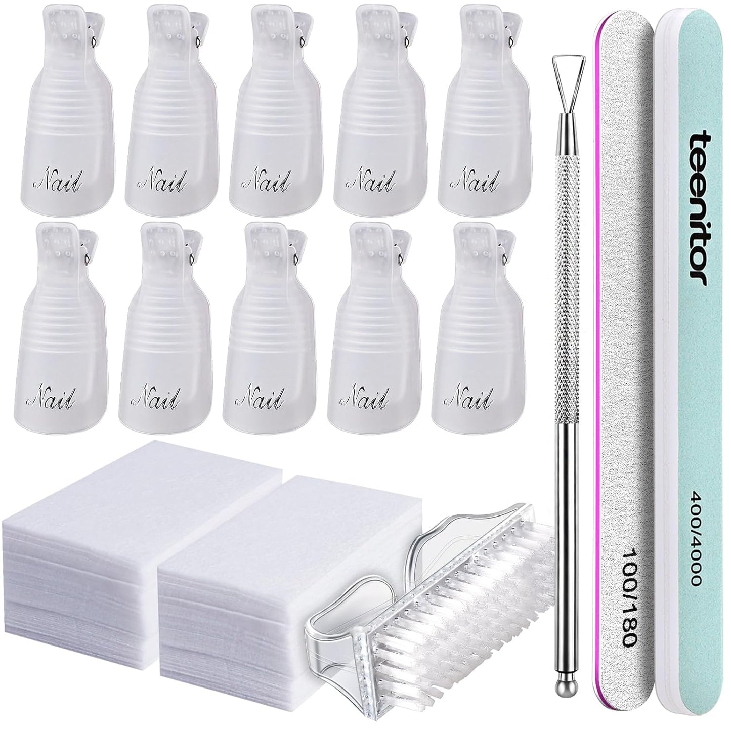 Teenitor gel nail remover kit with10pcs Gel Clip Remover, Brush for Nails, Nail Files 100/180, Buffer Block 400/4000, Stainless SteelCuticle Peeler and 115pcs Lint Free Cotton Pads Nail Wipe Clear