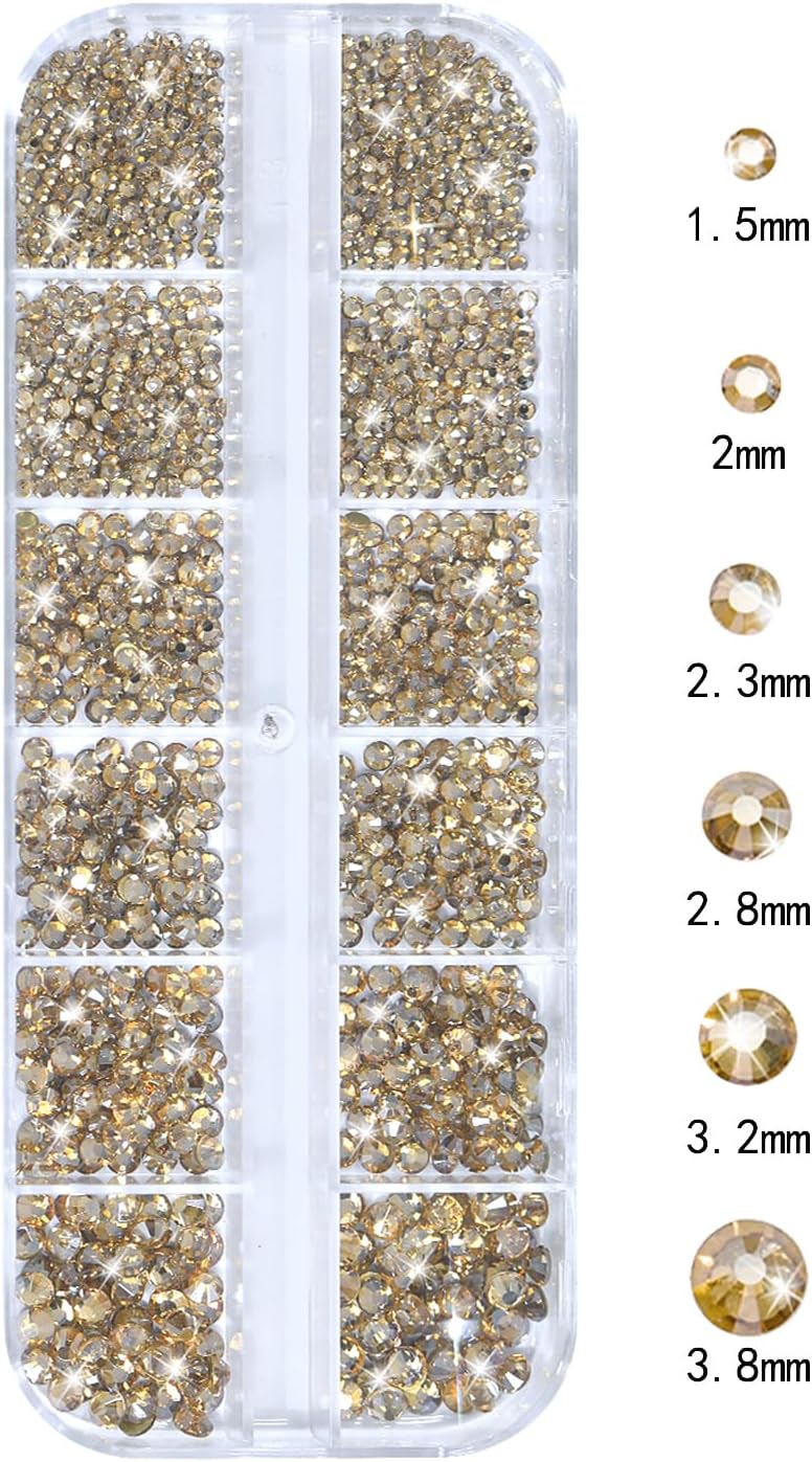 Nail Rhinestones - 3D Multi Shape Size, Flat Back, Manicure Rhinestones Charms, Champagne Gold Gems, with Kit, for Nail Art, Bedazzling Acrylic Nails, DIY Decor