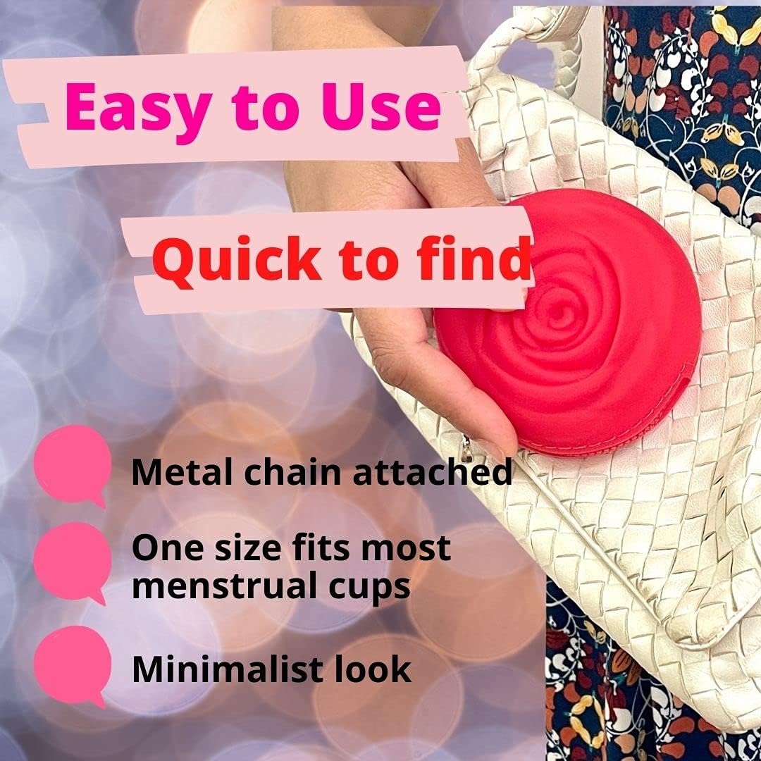 Menstrual Period Cup Case Storage Bag | Rose Design + Silicon Material | Easy to carry, clean, and use | Metal Chain attached | Multi-use for any small items - Red