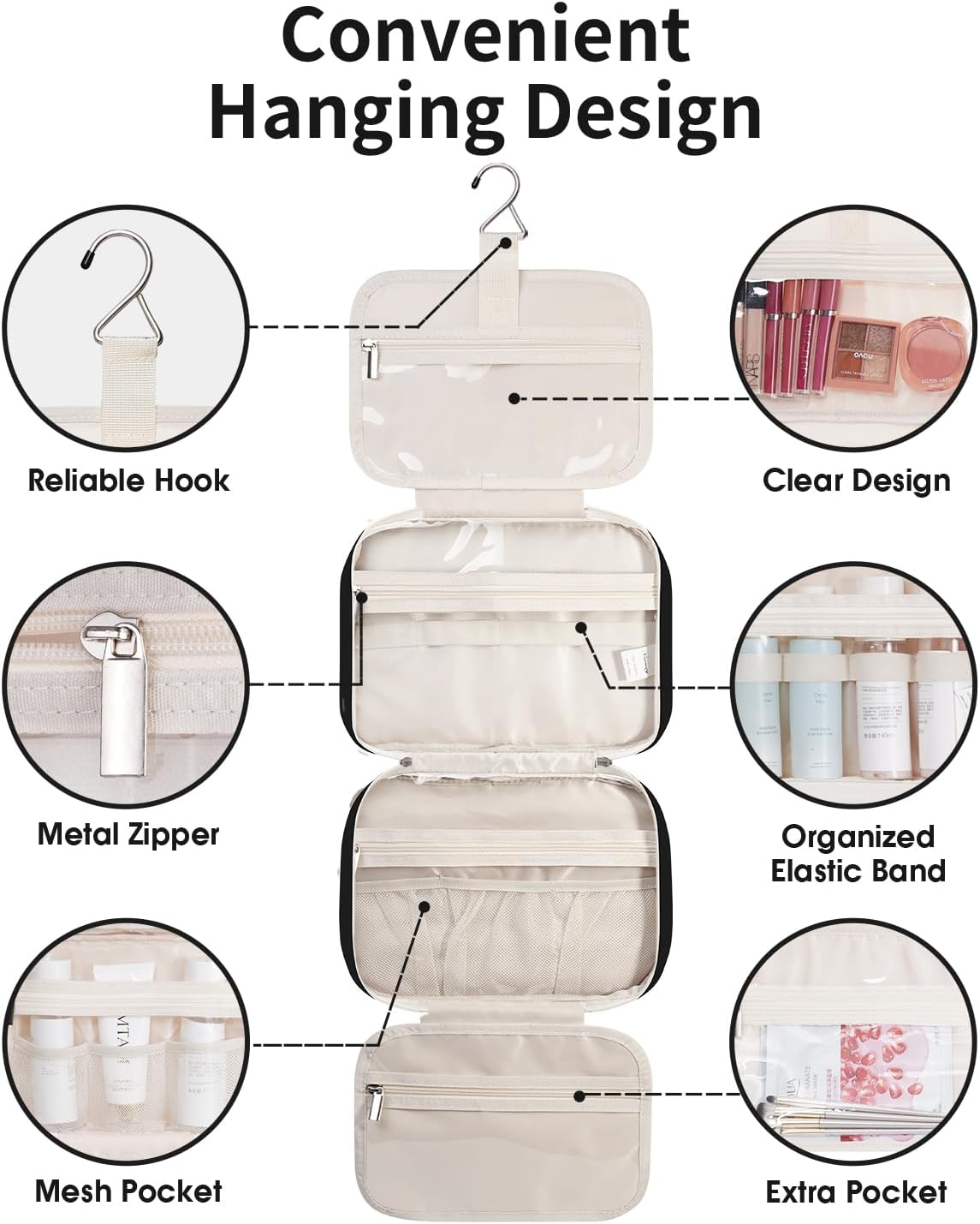 Narwey Hanging Toiletry Bag for Women Travel Makeup Bag Organizer Toiletries Bag for Travel Size Essentials Accessories Cosmetics (Black (Medium))