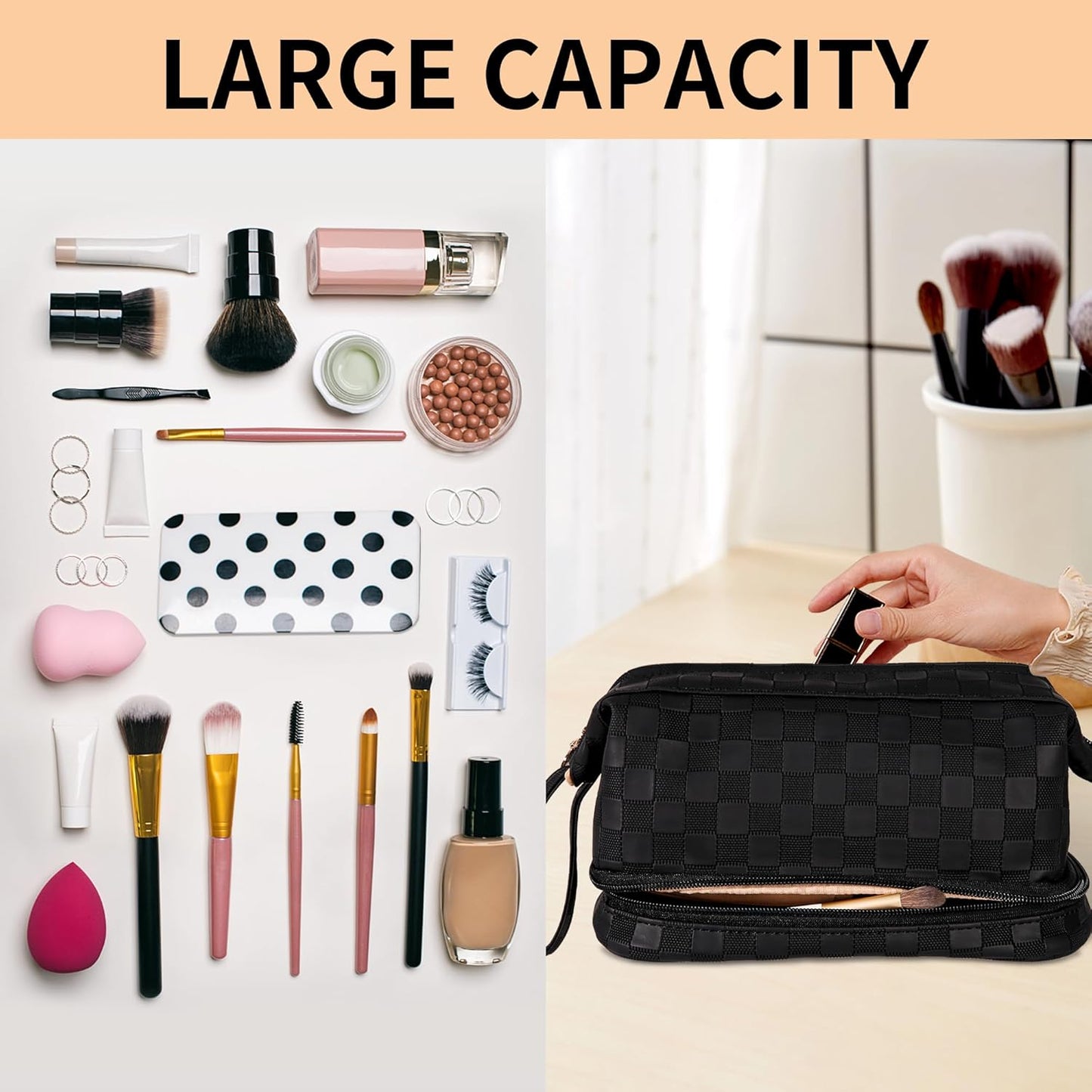 Abiudeng Large Capacity Makeup Bag Ladies Cosmetic Bag Travel Bag with Compartments Portable PU Leather Travel Makeup Bag with Handle