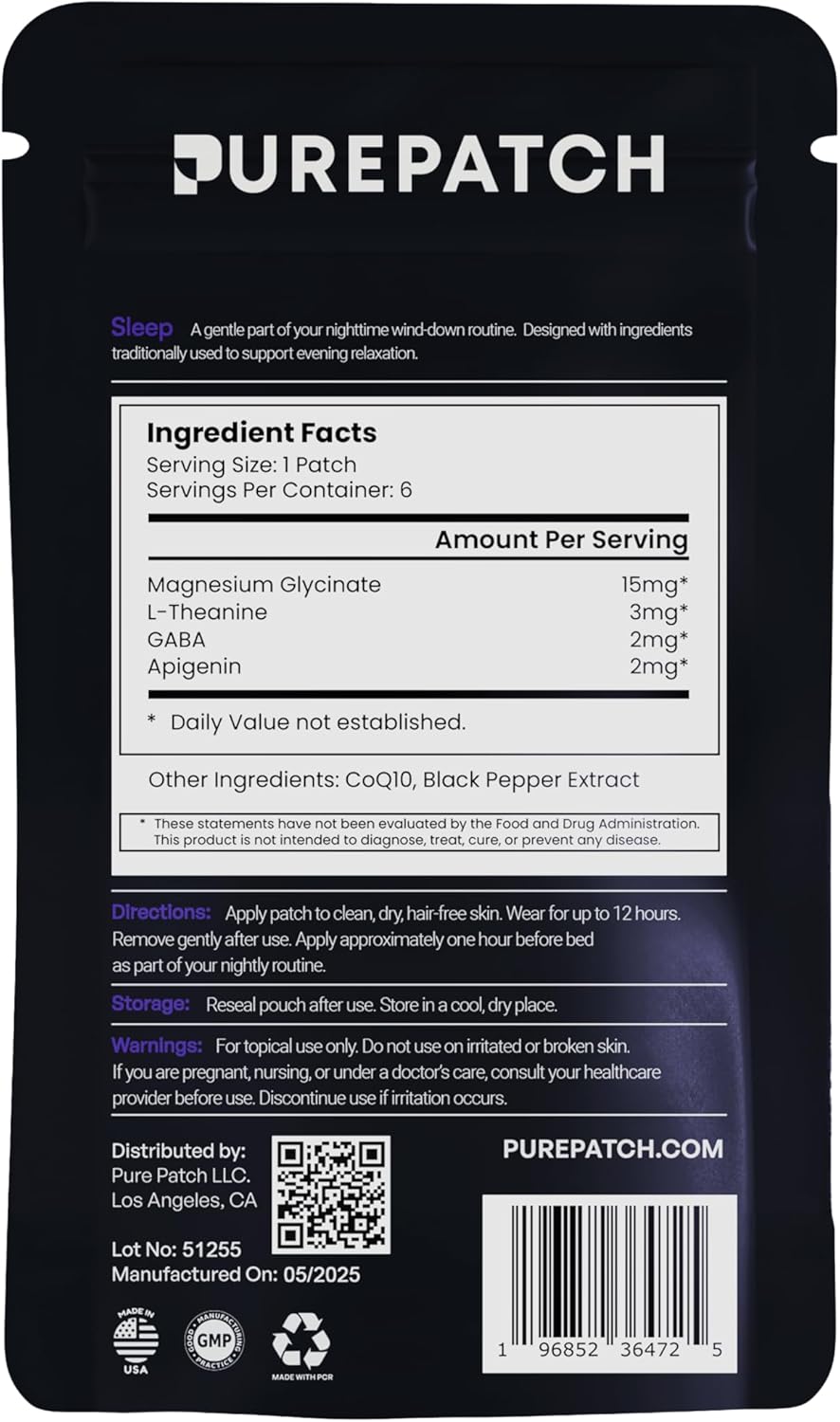 Pure Patch Sleep Patch – Plant-Based Vegan Topical Patch – Magnesium Glycinate – GABA – L-Theanine – Apigenin – Non-Ingestible – Water-Resistant – Gentle on Skin – Gluten Free – Made in USA –30Patches