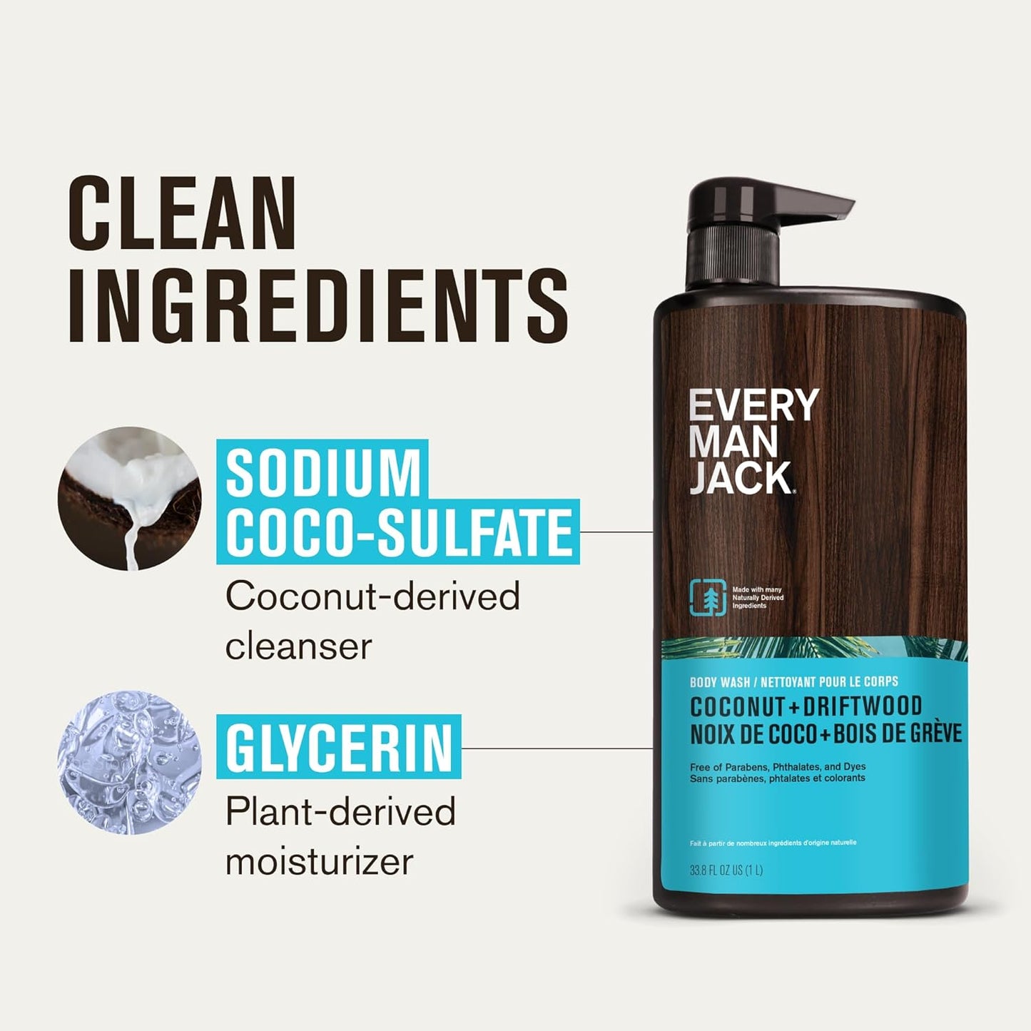 Every Man Jack Coconut + Driftwood Mens Body Wash for All Skin Types - Cleanse, Hydrate, and Smell Great - Free of Parabens, Phtalates, and Dyes - 33.8 fl oz (2 Pack)