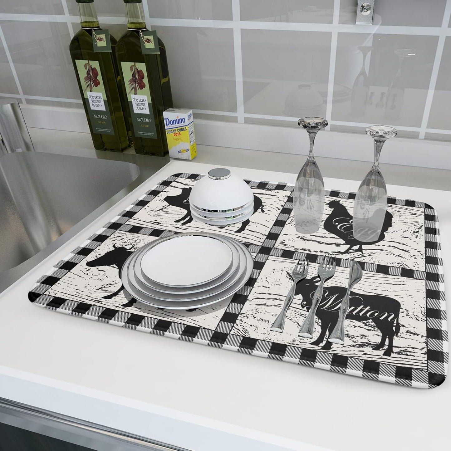 Farmhouse Animal Dish Drying Mat Buffalo Plaid Drainer Rack Mats Fast Dry Absorbent Kitchen Countertop Protector Dishes Pad 18x24 Inch