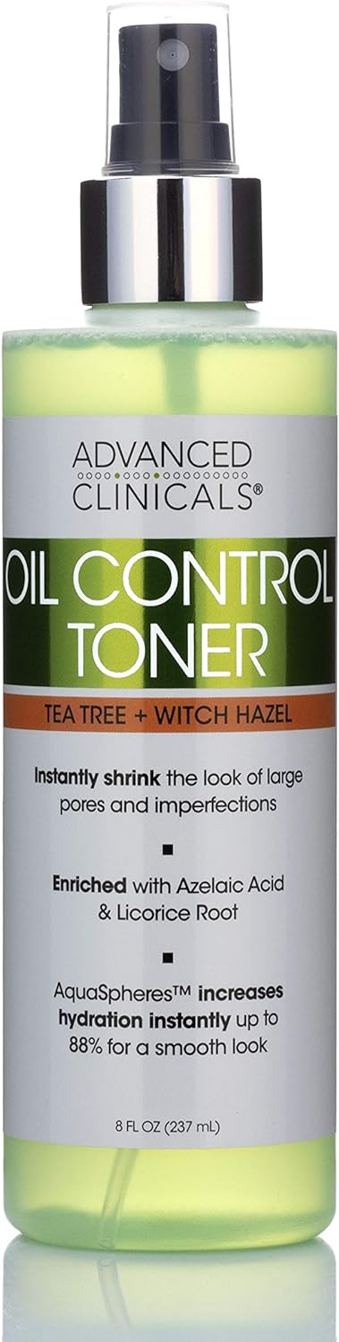 Advanced Clinicals Oil Control Purifying Facial Mist Toner. Hydrating, Non-Greasy Tea Tree Oil, Witch Hazel Toner W/Aloe Vera Face Mist Cleans Pores & Clears Acne All Skin Types, 8 Fl Oz (Pack of 1)