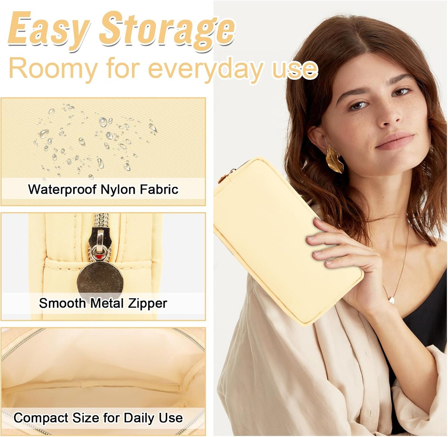 Nylon Small Makeup Bag for Purse, Cute Preppy Makeup Bag Cosmetic Zipper Pouch Purse, Waterproof Portable Travel Toiletry Bag Coin Pouch Clutch Makeup Brush Bag Organizer Storage for Women Men(Beige)