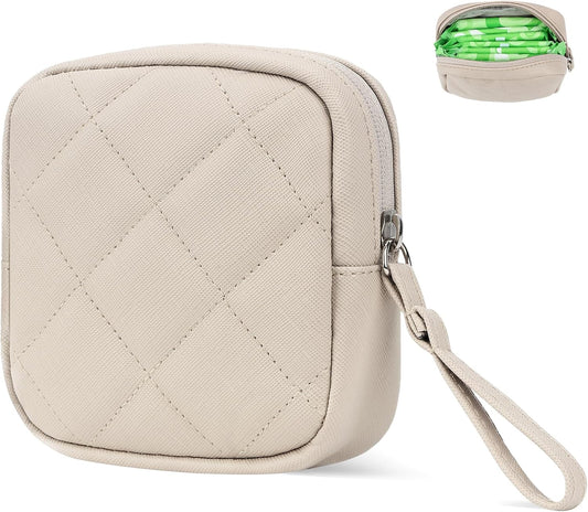 Sanitary Pad Storage Bag, Leather Period Bags for Teen Girls, Portable Tampon Menstrual Cup Pouch Nursing Pad Holder Purse, Sanitary Pouch for Feminine Products, 1 Pack(Beige)