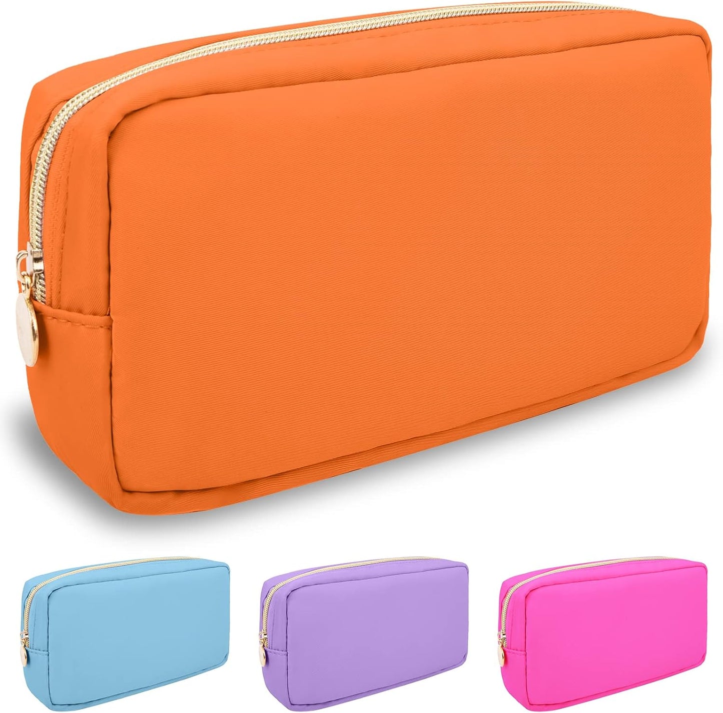 Nylon Small Makeup Bag for Purse, Cute Preppy Makeup Bag Cosmetic Zipper Pouch Purse, Waterproof Portable Travel Toiletry Bag Clutch Makeup Brush Bag Organizer Storage for Women Men Girls(Orange)