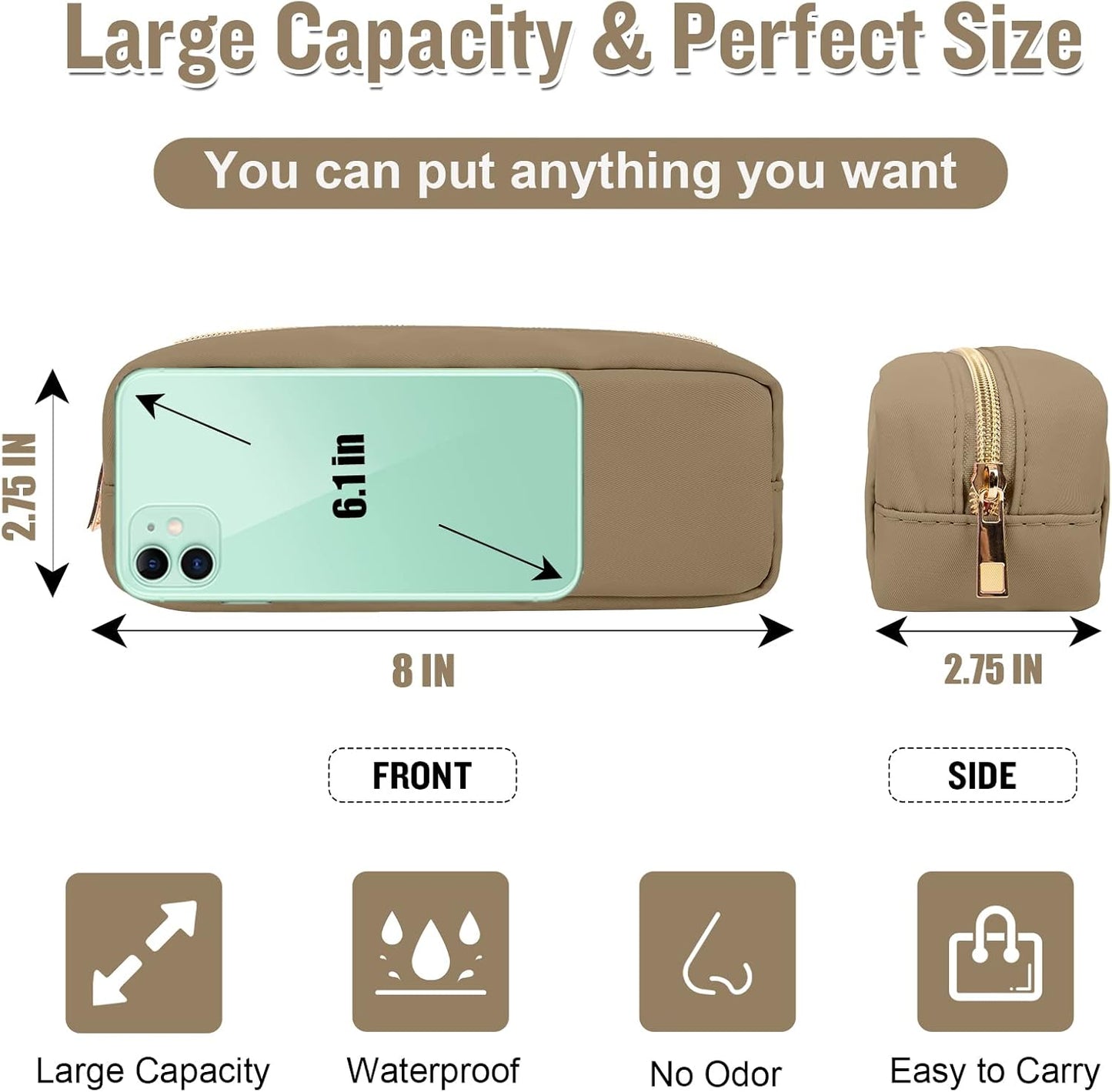 IZUZTA Nylon Slim Makeup Bag, Preppy Cute Makeup Brush Case Bag, Waterproof Travel Toiletry Bag Clutch Coin Pouch Make Up Organizer for Women Girls (Khaki)