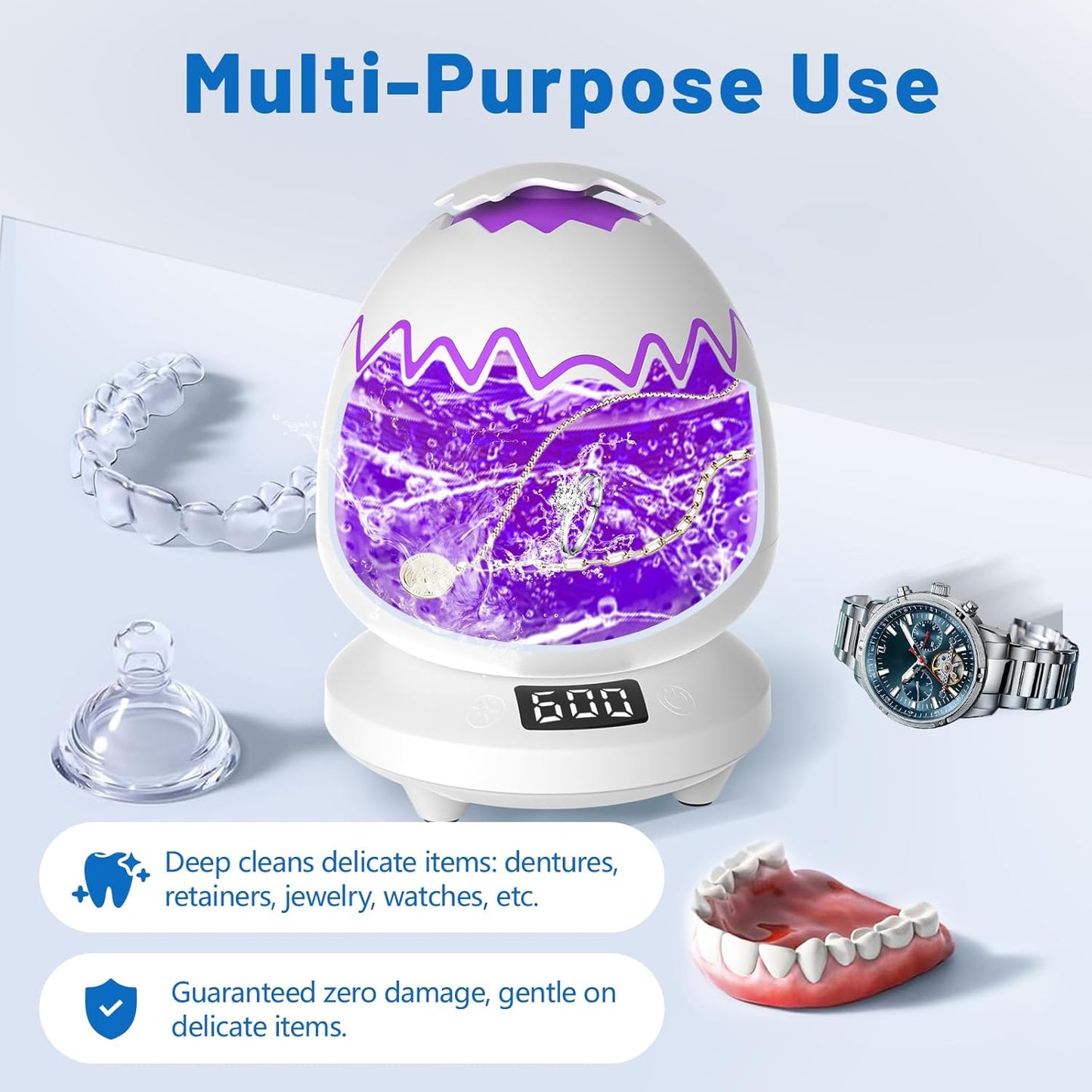 Ultrasonic Retainer Cleaner Machine for Dentures | 45kHz Dental Cleaning Pod for Mouth Guards, Aligner, Nightguard, Braces, Jewelry | 3 Timer Modes Denture Cleaner- Cooling Fan & Split-Design