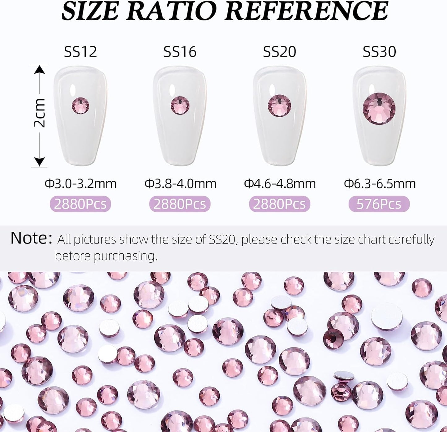 Light Amethyst Flatback Rhinestones, Glass Rhinestones for Nail Art and Craft, Glue Fix, Loose Crystal Gemstones(Lt.Amethyst, SS12, 2880pcs, 2.9-3.0mm)