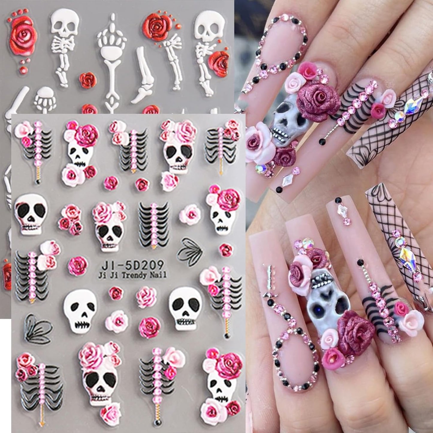Spooky Nail Stickers Halloween Nail Decals Skull Rose Skeleton Hand Design 5D Embossed Holiday Nails Slider Manicure Accessories Supply Halloween Stickers for Women DIY Nail Decorations Nail Art 2PCS