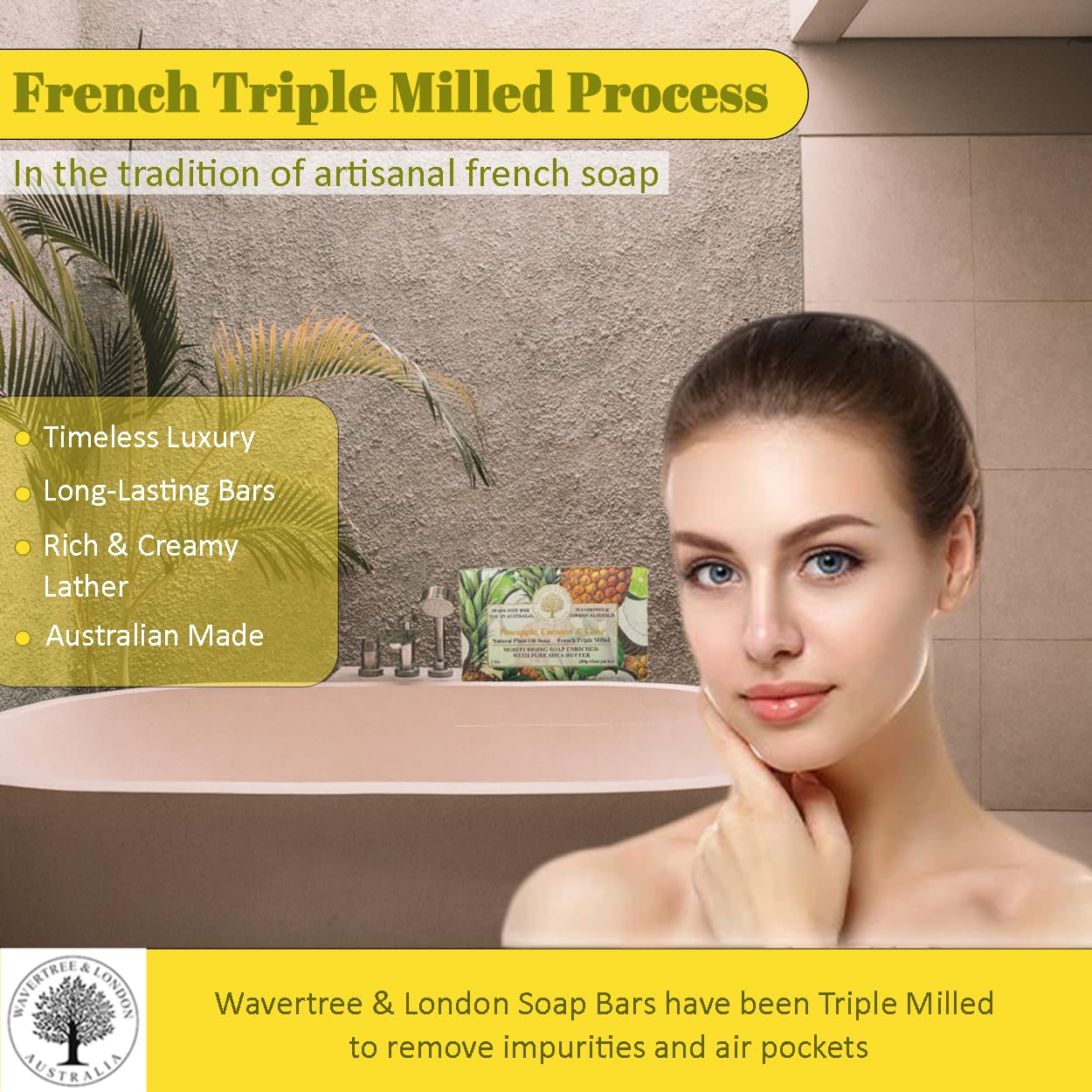 Wavertree & London Pineapple, Coconut & Lime Scented Natural Soap (8 Bars), 7oz Moisturizing French Triple Milled Soap Bars enriched with shea butter - Plant Oil Bath & Body Bars for All Skin Types