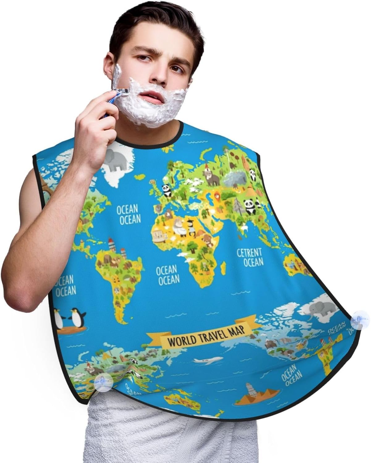 Beard Trimming Catcher Apron, Waterproof Non-Stick Grooming Bib for Shaving, Ideal for Men Dad Father’s Day, Animal World Map Shave Bib