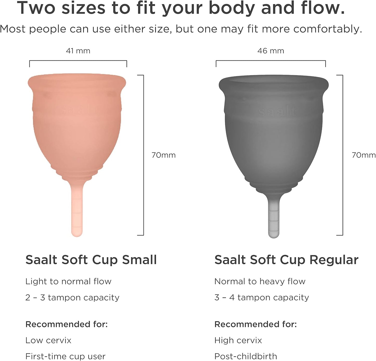 Saalt Soft Menstrual Cup – Reusable Period Cup – Made for Comfortable, Leak-Free Protection Up to 12 Hours – BPA & Latex Free – Includes Cup & Carry Bag (Regular Grey/Small Desert Blush)