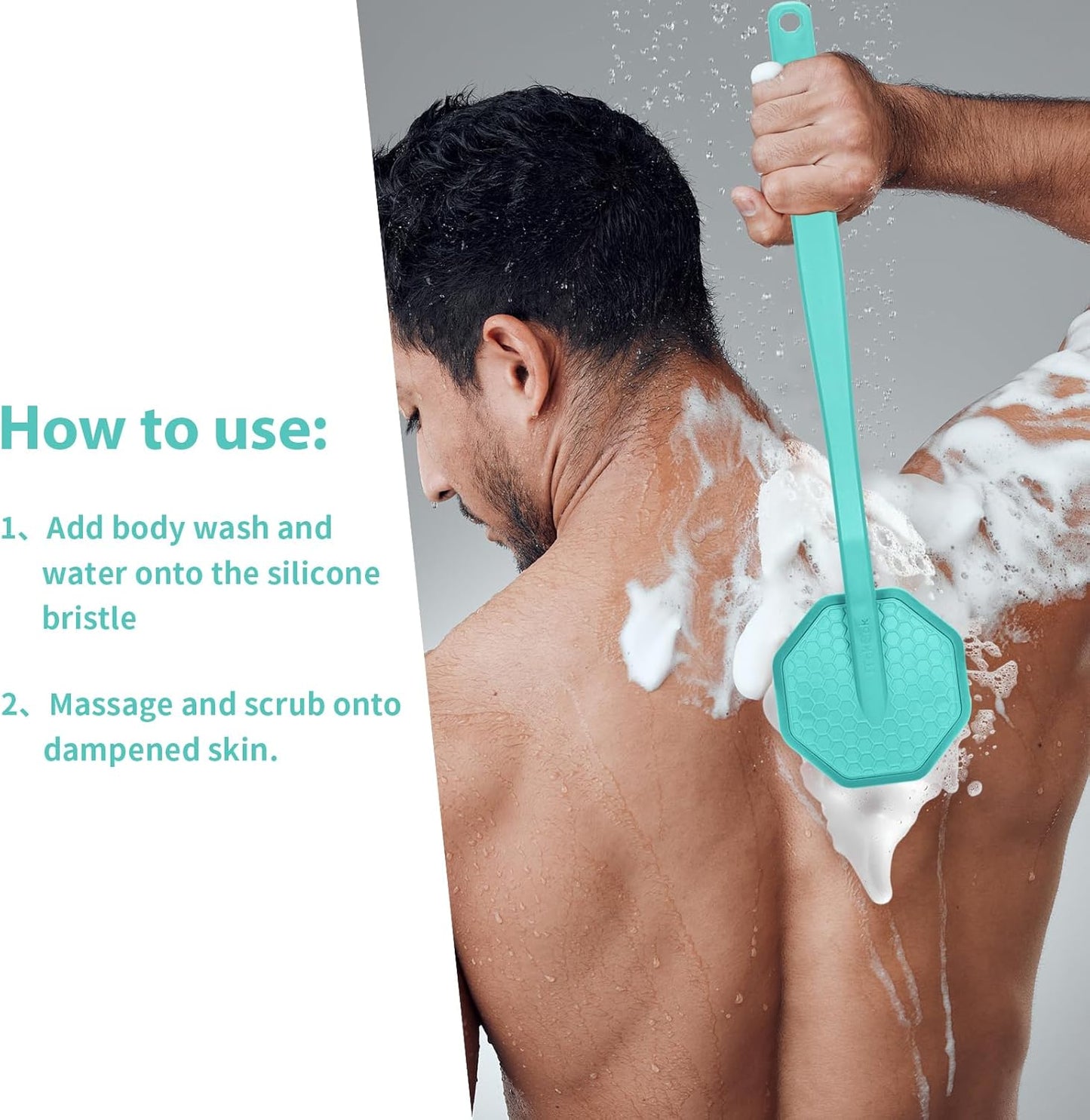 iTokGoK® Silver-Infused Silicone Back Scrubber with Long Handle Back Brush for Shower,Back Brush Long Handle for Men and Women,Ergonomic No-Slip Handle, Long-Lasting (Mint Green)