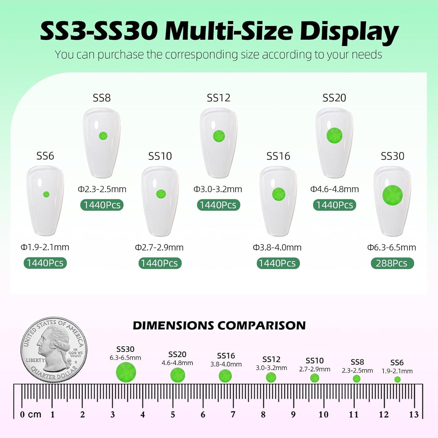 Neon Green Flatback Rhinestones, Glass Rhinestones for Nail Art and Craft, Glue Fix, Loose Crystal Gemstones(Neon Green, SS12, 1440pcs, 2.9-3.0mm)
