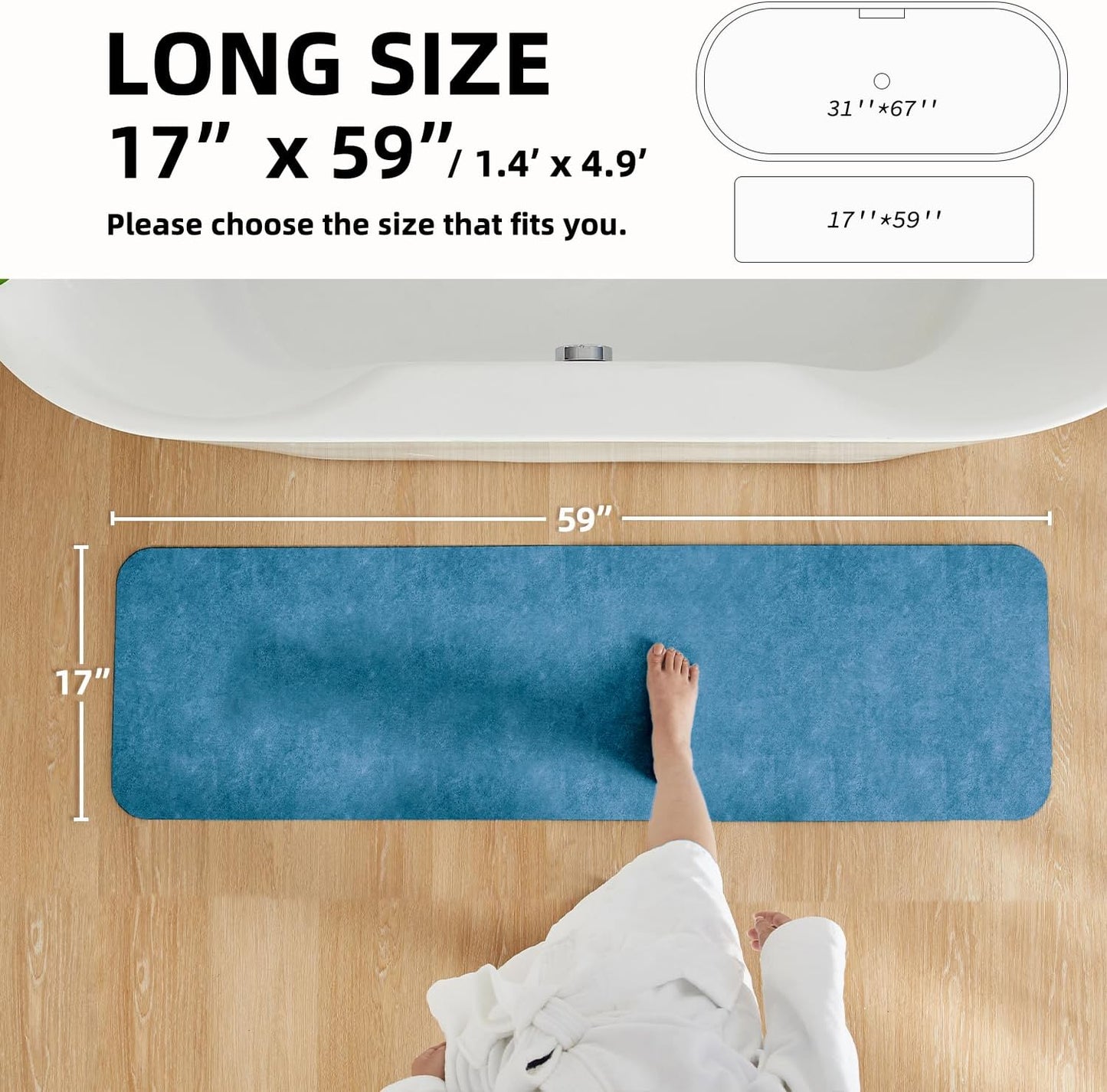 Bathroom Mat Quick Dry, Bathroom Rugs Non Slip Washable Thin Absorbent Bath Mat Fits Under Door Bathroom Floor Mat Perfect for Bath, Shower, or Sink 17"x59" Denim Blue