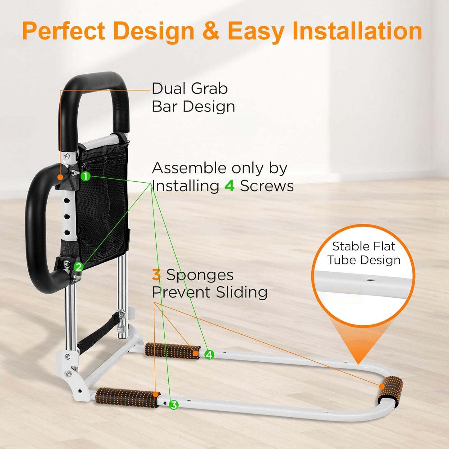 Foldable Bed-Rails for Elderly Adults Safety with LED Night Light and Three Storage Pockets, Adjustable Bed-Assist-Rails for Seniors,Portable & Sturdy Grab Bar Bed Cane for King/Queen/Full/Twin